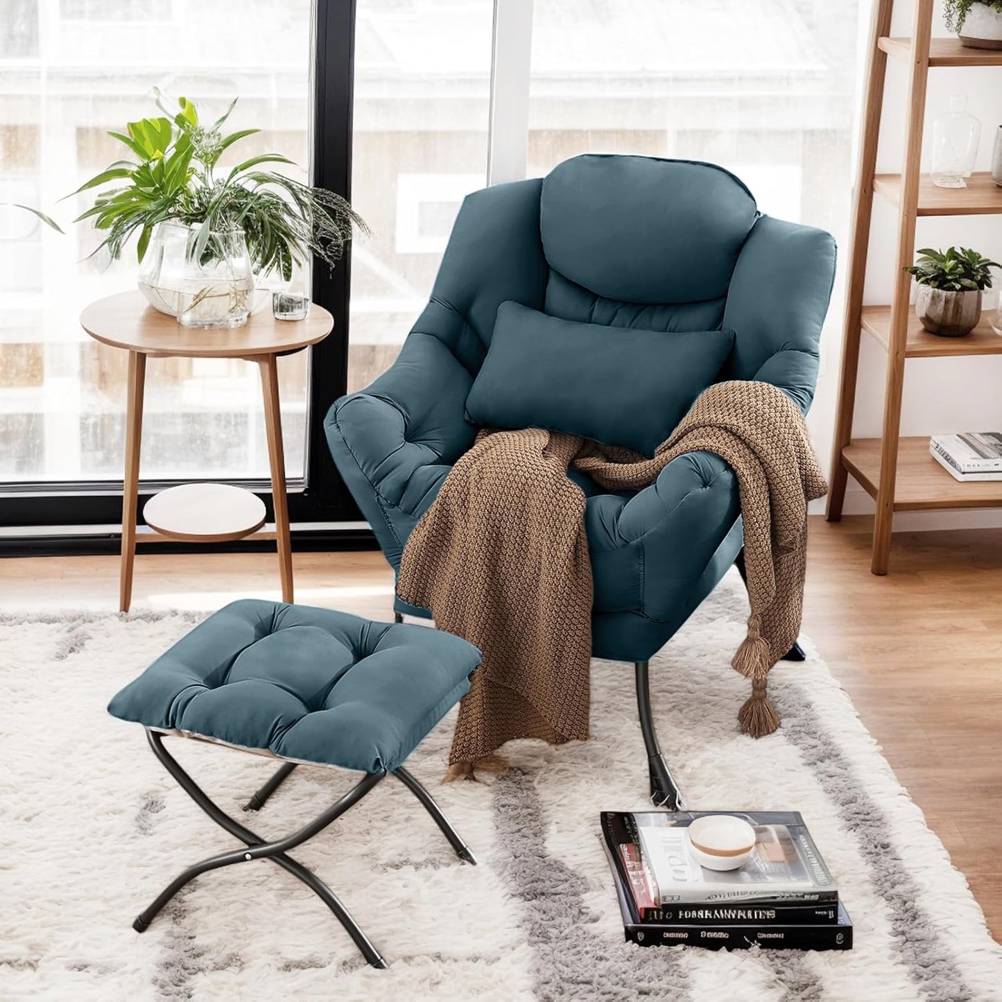 Lazy Chair with Ottoman, Modern Lounge Chair with Lumbar Pillow, Accent Cozy Reading Armchair and Folding Footstool for Bedroom, Dorm, Living Room,Peacock Blue