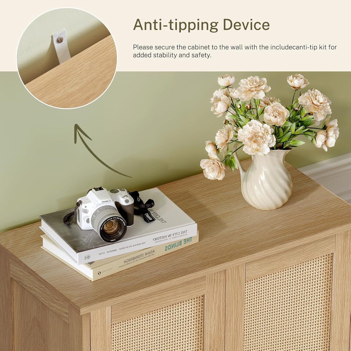 Iwell Storage Cabinet, Rattan Cabinet with Adjustable Shelf, for Living Room, Entryway, Kitchen, Home Office, Nature