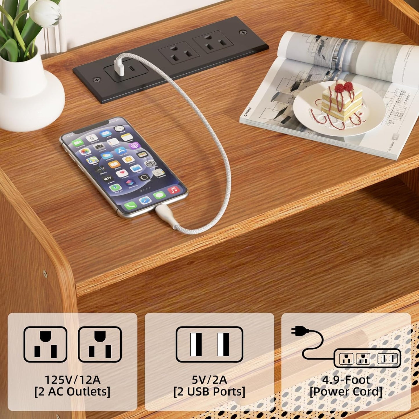 Lerliuo Rattan Nightstands Set of 2 with Charging Station, Side Table with Drawer, Cane Accent Bedside End Table with Solid Wood Legs, Night Stand for Bedroom, Dorm and Small Spaces (Tea Brown)