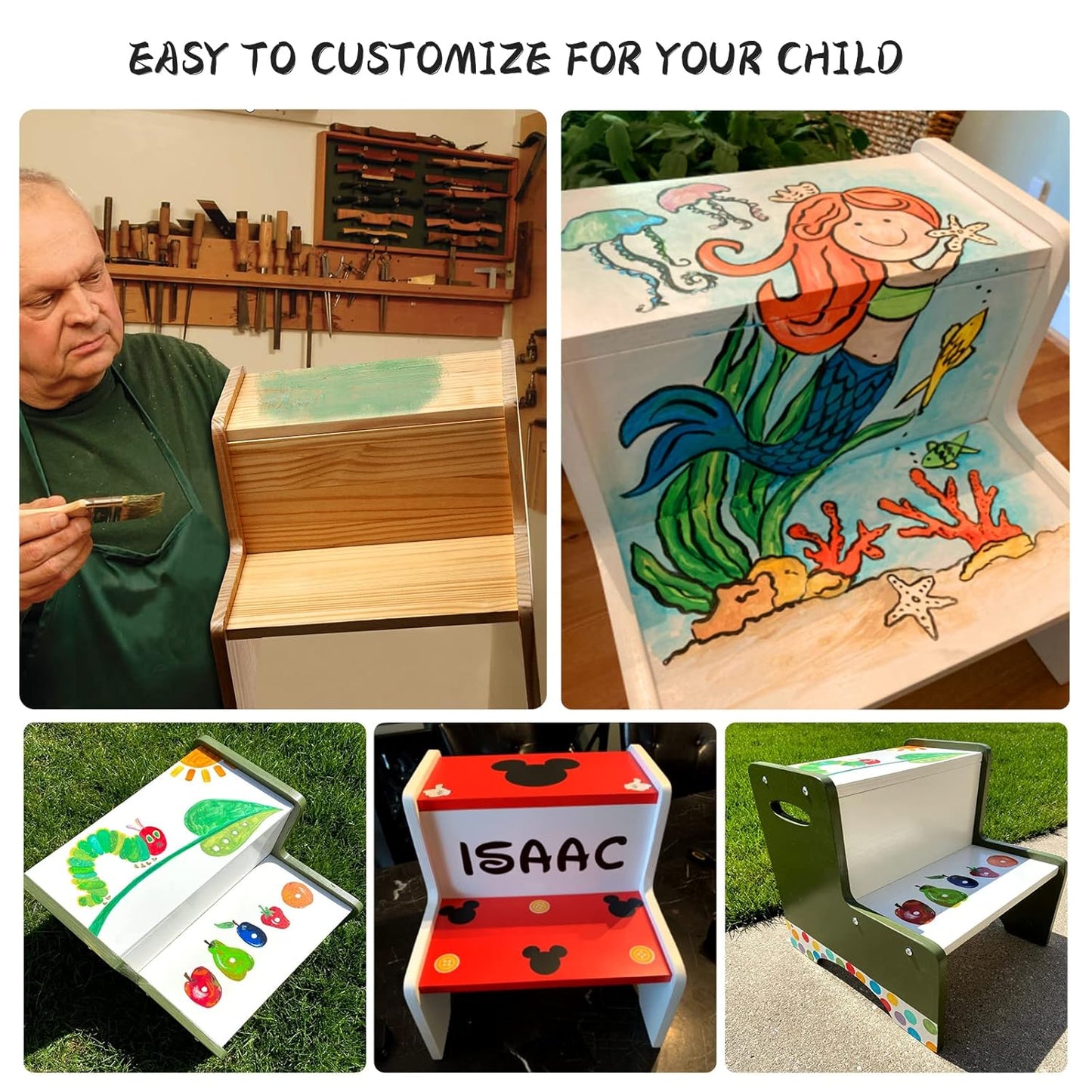 WOOD CITY Toddler Step Stool, Wooden 2 Step Stools for Bathroom Sink Potty Training Kitchen Dual Height Stool Helper for Kids Bonus Non-Slip Pads and Handles for Safety (White)