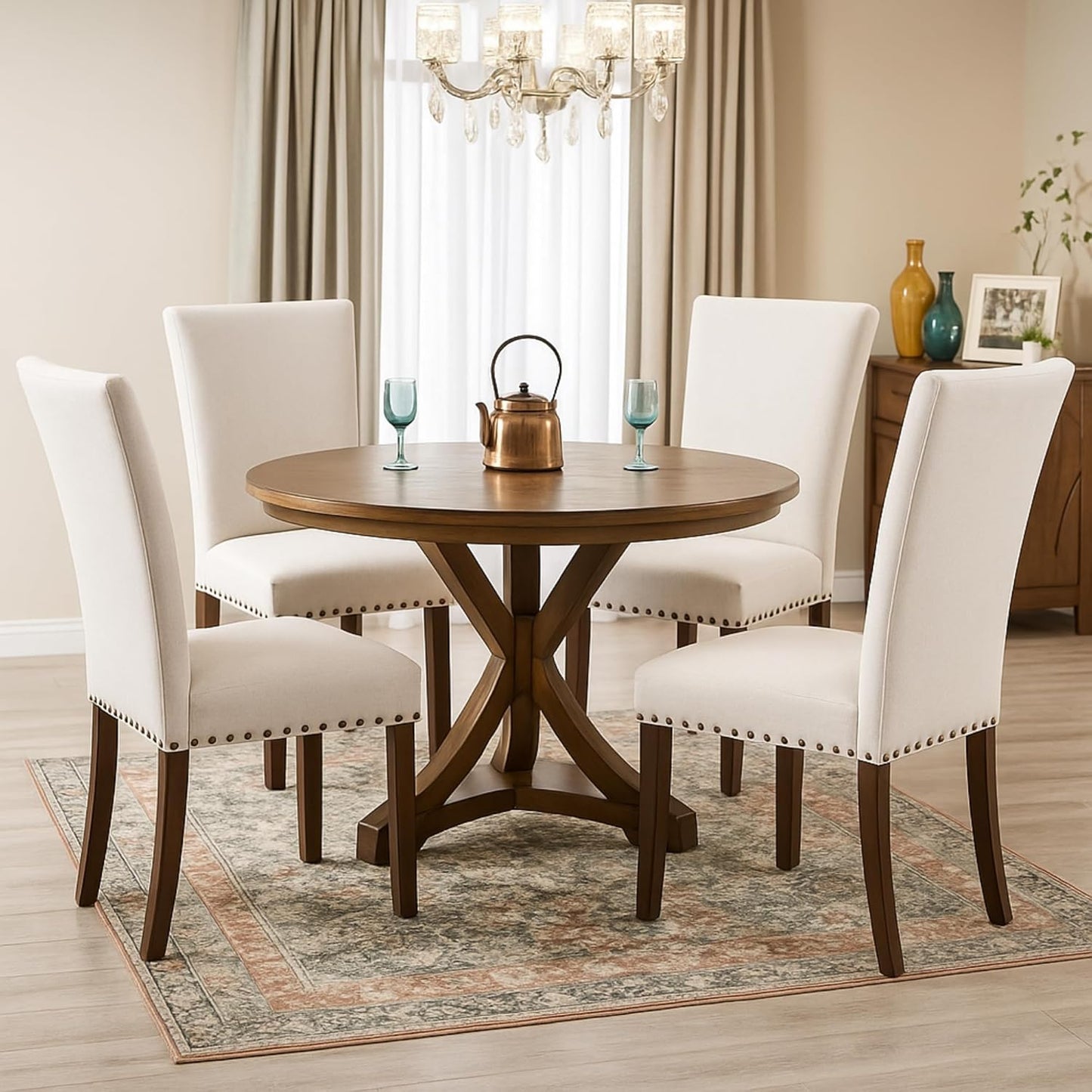 Set of 6 Beige Upholstered Dining Chairs, Farmhouse Kitchen Chairs with High Back, Solid Rubberwood Legs, Comfortable Padded Foam Seat, Bronze Nailhead Trim, Dining Room Chairs for Large Families