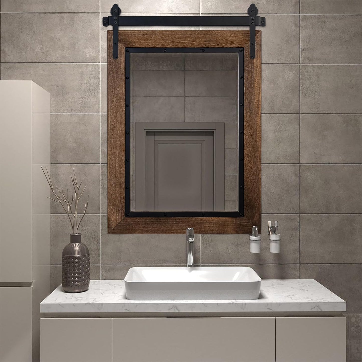 YOSHOOT Farmhouse Barn Door Mirror, 40"x30" Rustic Bathroom Mirror, Wood Frame Wall Mirror, Wooden Mirror for Living Room Bedroom Entryway Wall Décor, Vertical Hanging ONLY