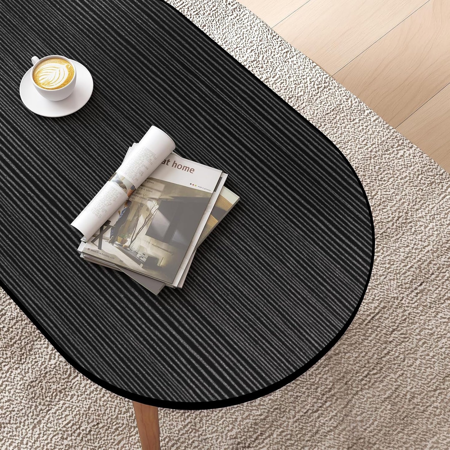 Oval Coffee Table Low Table with 4 Solid Wood Sturdy Legs, Floor Table Desk for Sitting on The Floor, Storage and Living Room Furniture (Black)