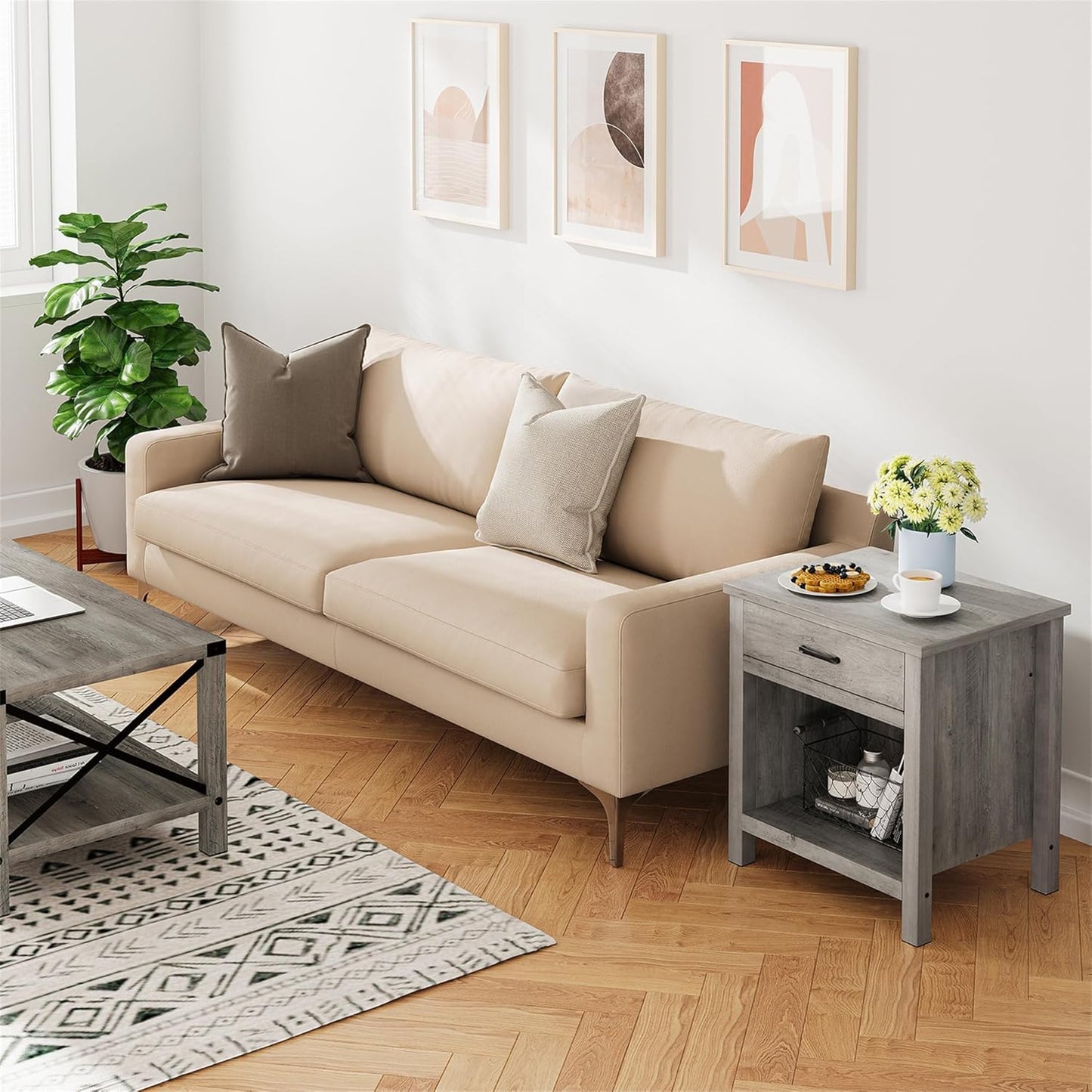 IDEALHOUSE Farmhouse Nightstand Set of 2 with Drawer, Grey Night Stand End Tables Living Room with Storage Shelf, Wooden Bedside Tables for Bedroom Nursery Office (2 Pack)