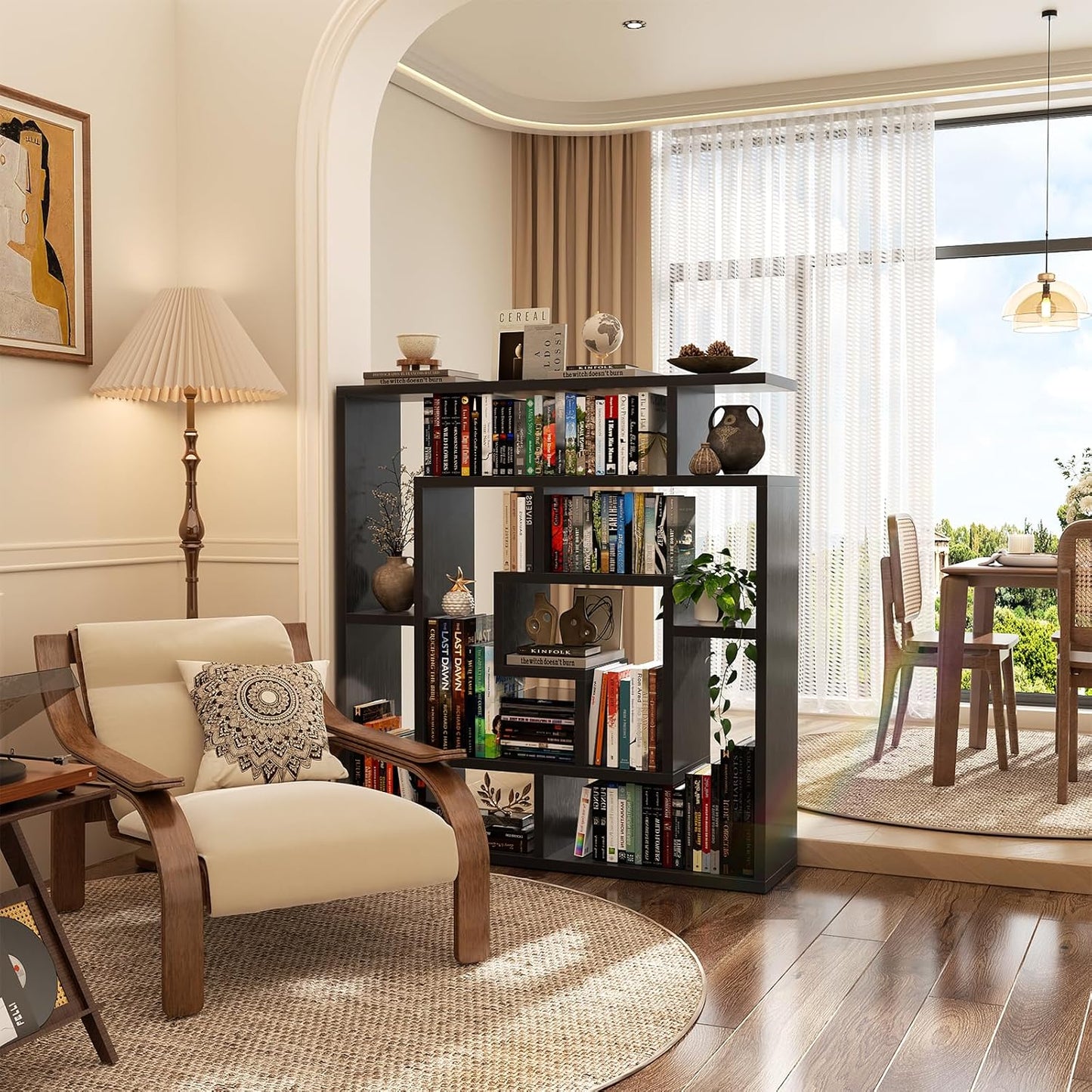 Armocity 5 Tier Display Book Shelf Wall Mounted Bookshelf Freestanding Geometric Bookcase Floating Book Shelves for Wall Bedroom Living Room Home Office, 45.5"(W) * 47"(H), Black