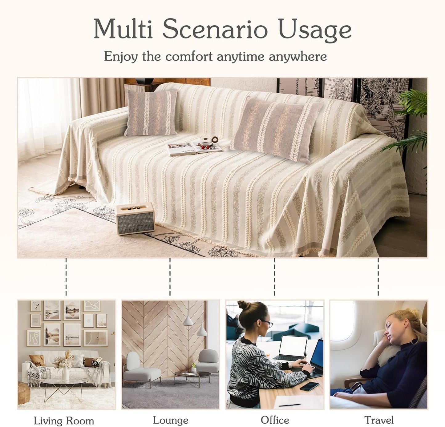 Couch Cover for Dogs Washable Sofa Cover, Sectional Couch Covers, Sofa Covers for 2 Cushion Couch, Non Slip Stripe Sofa Slipcovers Furniture Protector, Couch Protector from Cat Claws, Beige,75''x150''