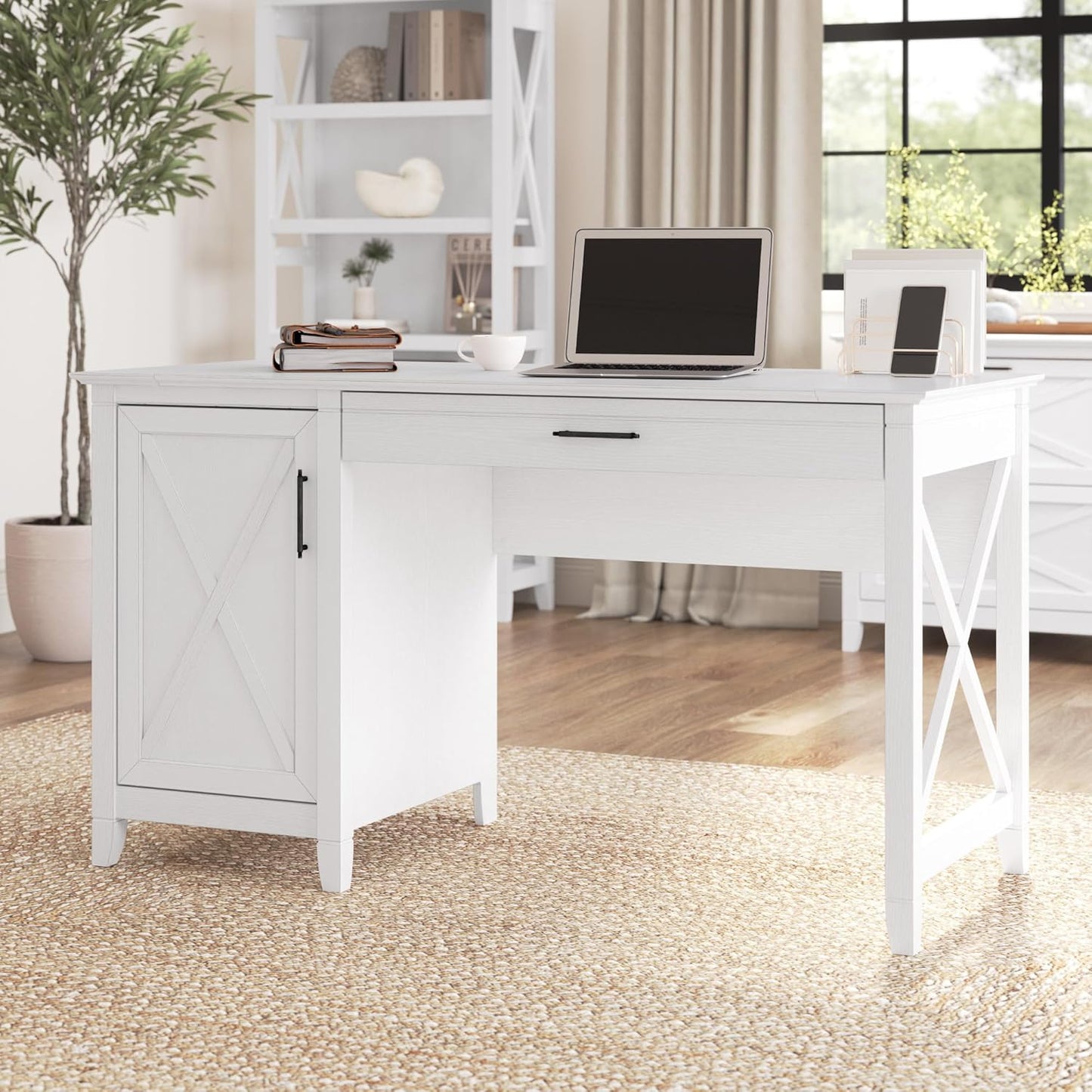 Bush Furniture Key West Computer Desk with Storage Farmhouse PC Table for Home Office in Pure White Oak 54W x 24D