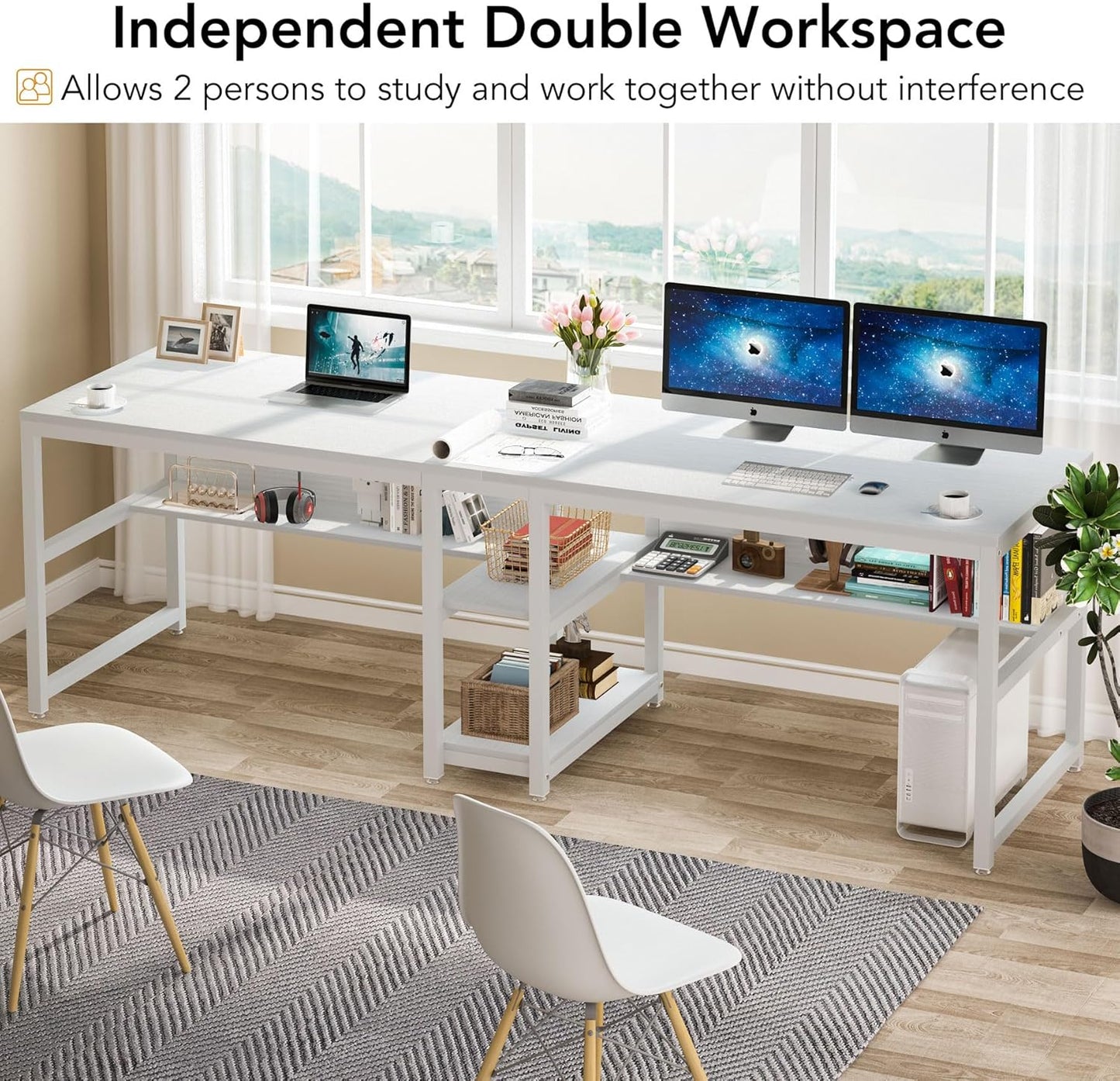 Tribesigns Two Person Desk with Bookshelf, 78.7 Computer Office Double Desk for Two Person, Rustic Writing Desk Workstation with Shelf for Home Office (White)