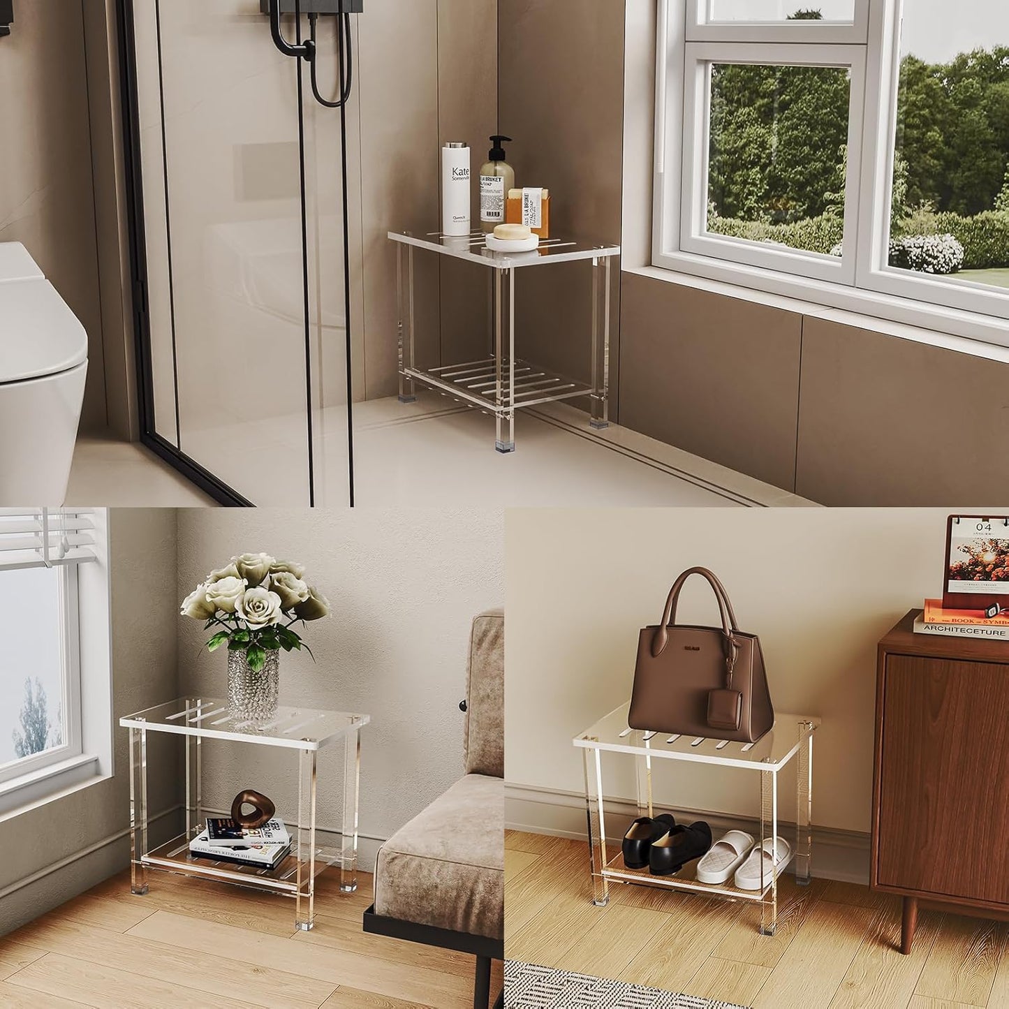 Acrylic Shower Bench for Inside Shower 13.98" D X 21.26" W X 18.31" H, Heavy Duty (Hold Up to 300lbs) Bathroom Shower Stool with Storage Shelf, for Shaving Legs & Spa, Waterproof Non-Slip