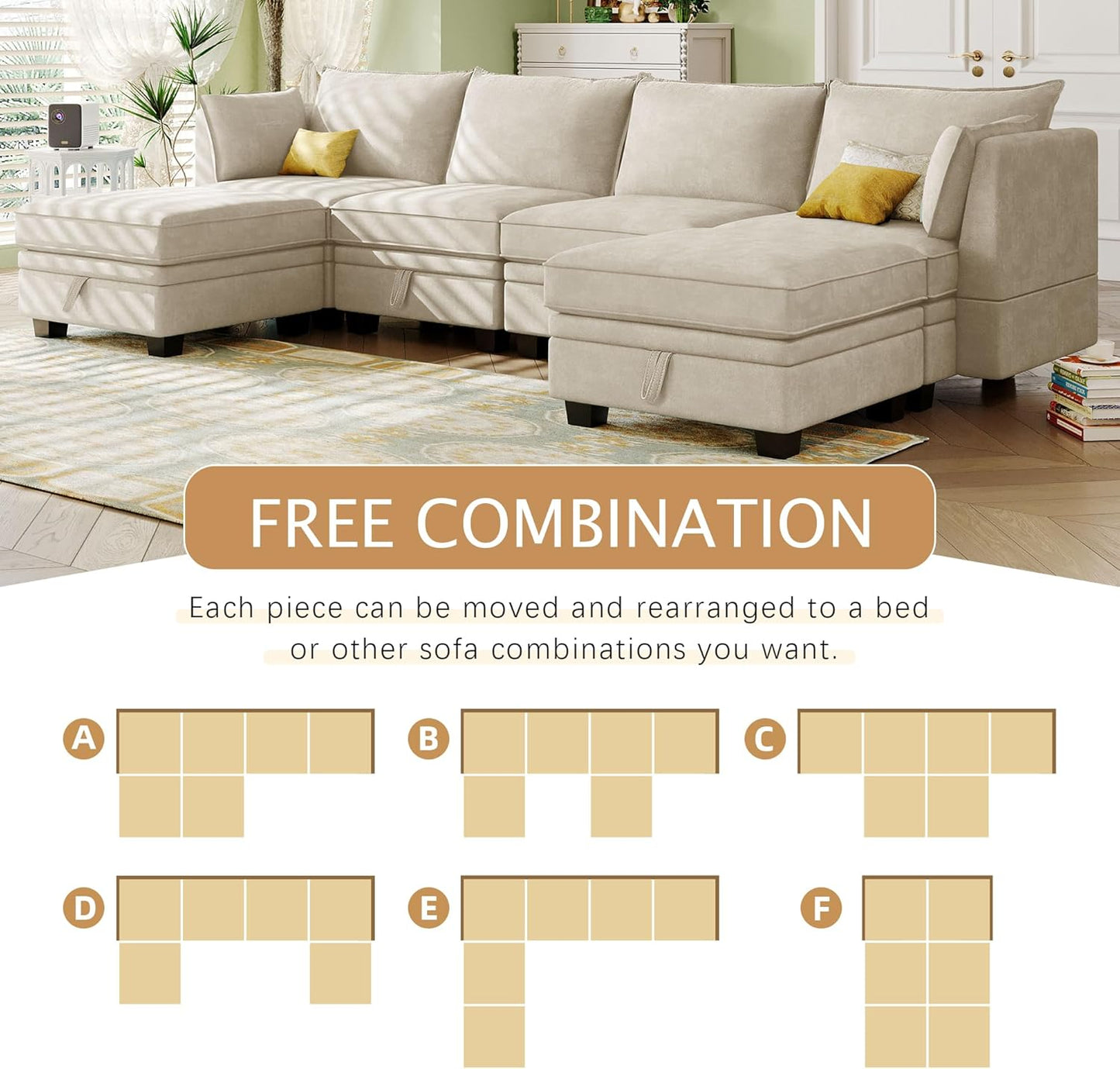 115.1 Inch Oversized U-Shape Sectional Sofa with Removable Ottoman and Storage Seat, Modular Upholstered Convertible Couch Bed w/Reversible Chaise for Living Room, Office, Beige