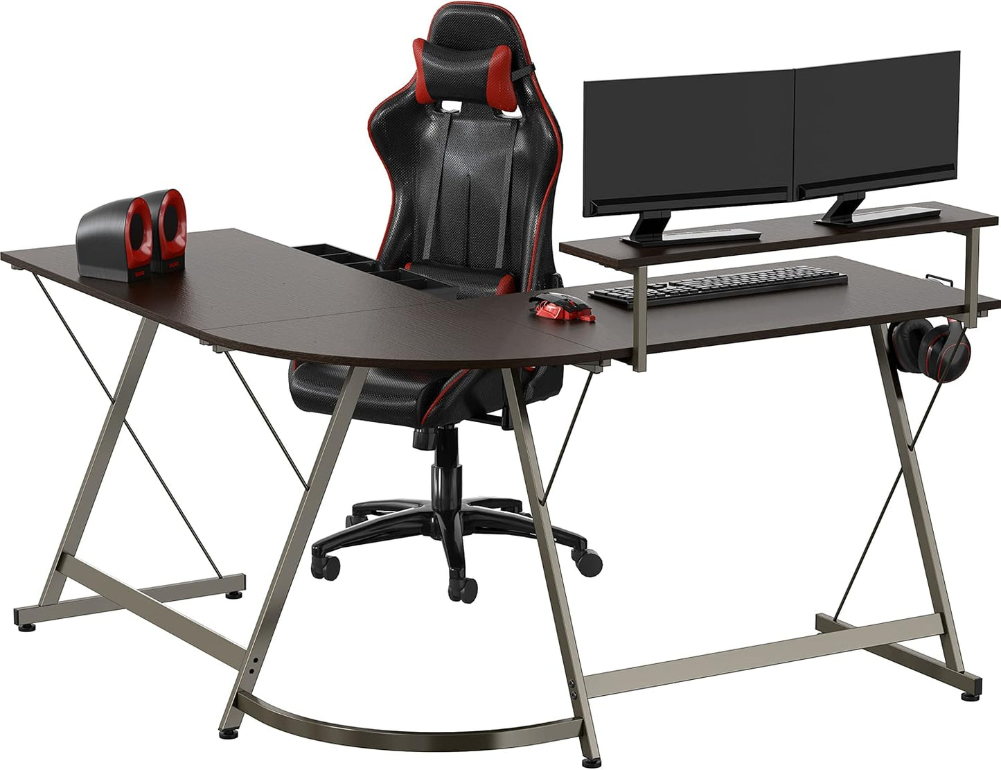 SHW 51 x 51 Inches Vista L-Shaped Desk with Monitor Stand and Drawer, Espresso