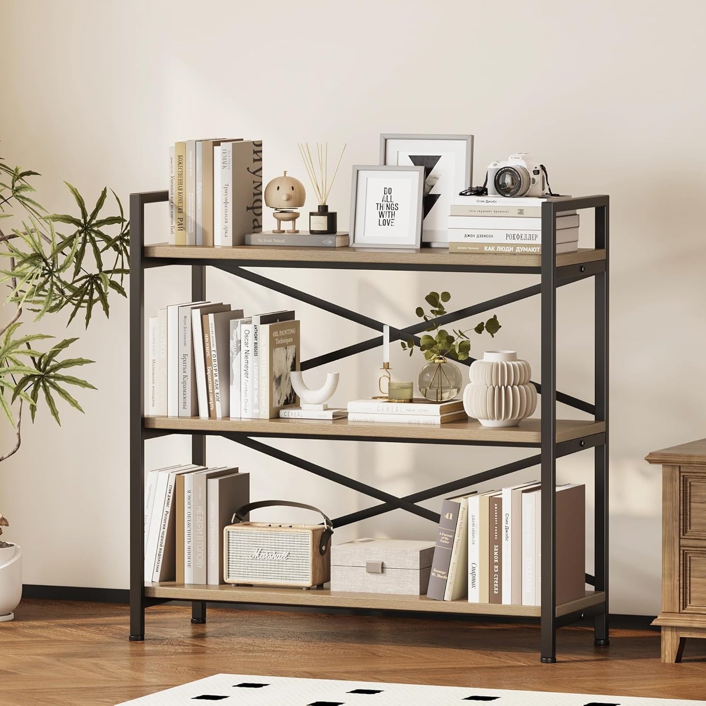 Homeiju 3 Tier Bookshelf 31.49" Width, Wood and Metal Etagere Bookcase, Vintage Farmhouse Modern Wooden Big Book Shelf for Home Living Room Bedroom Office Storage(Light Coffee)