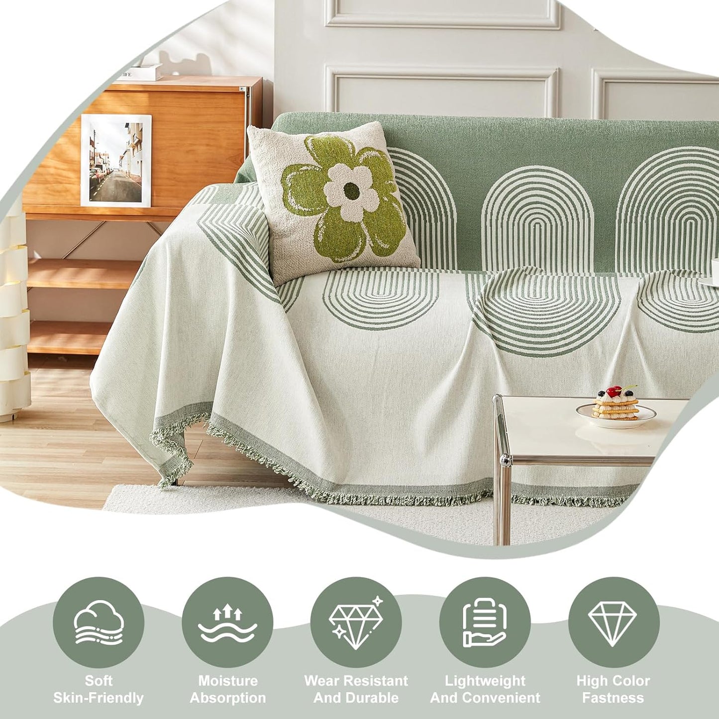 STACYPIK Green Geometric Couch Cover Boho Sofa Cover for Sectional Non-Silp Sofa Covers for Dogs Reversible Beige Couch Cover Loveseat Cover L Shaped Furniture Protector for 3 Cushion Couch-71X150IN