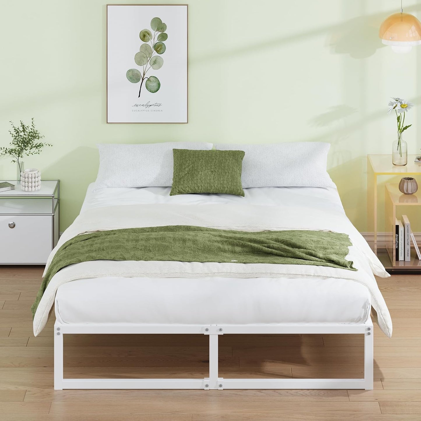 EMODA 12 Inch White Queen Bed Frame, Metal Queen Platform Bed Frame No Box Spring Needed, Heavy Duty Steel Slats Support, Easy Assembly, Noise Free