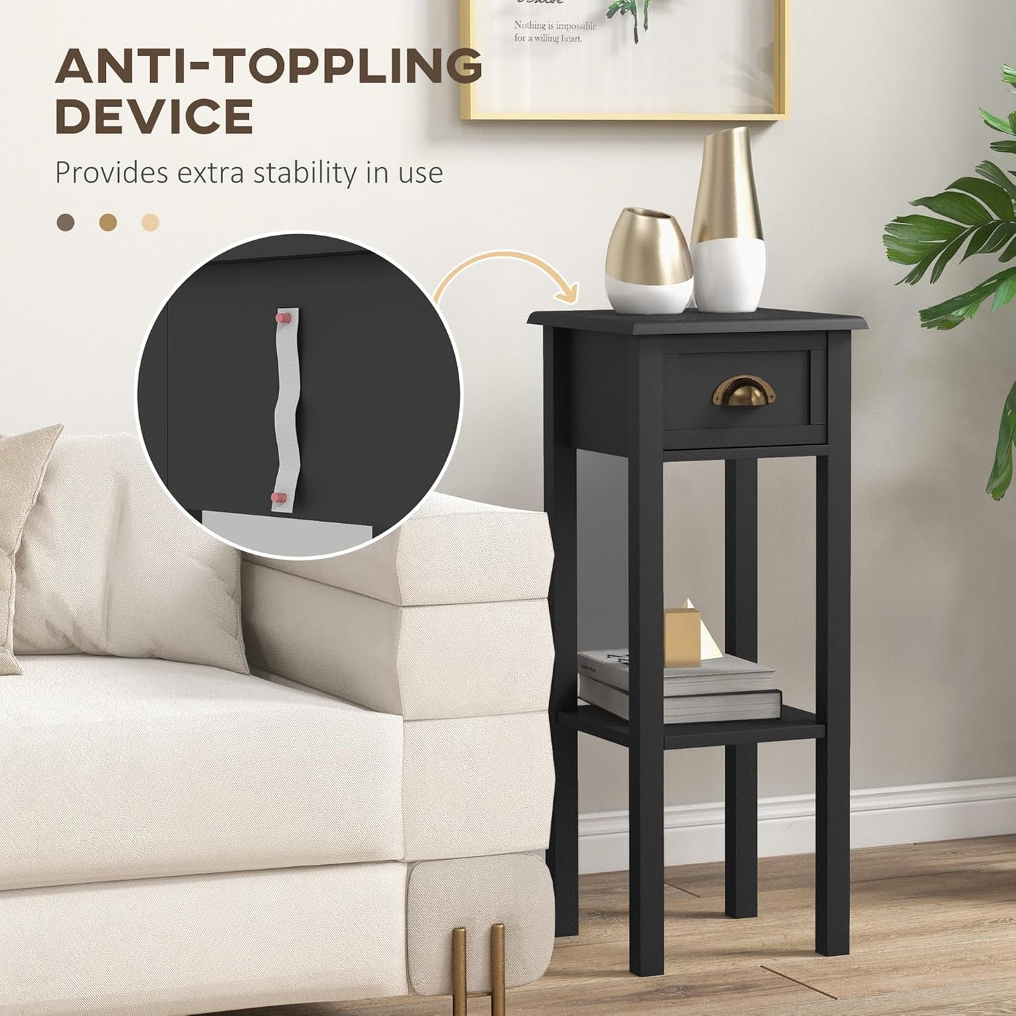 HOMCOM 2-Tier Side Table with Drawer, Narrow End Table with Bottom Shelf, for Living Room, Set of 2, Black