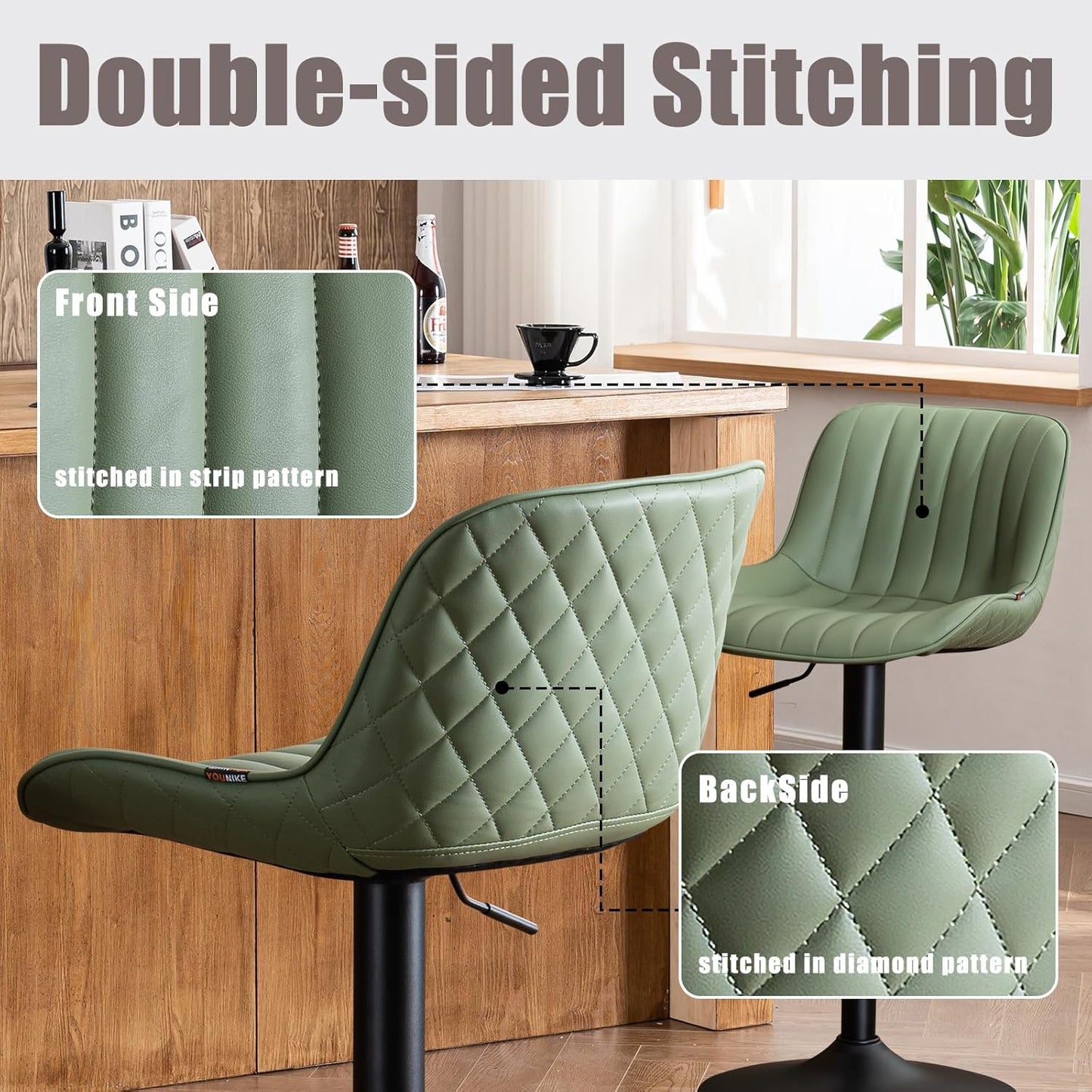 YOUNIKE Bar Stools Set of 2 Counter Height Barstools with Backs Swivel Faux Leather Kitchen Island Bar Chair Modern Adjustable Breakfast taburetes de bar Padded sillas para barra de cocina Olive Green