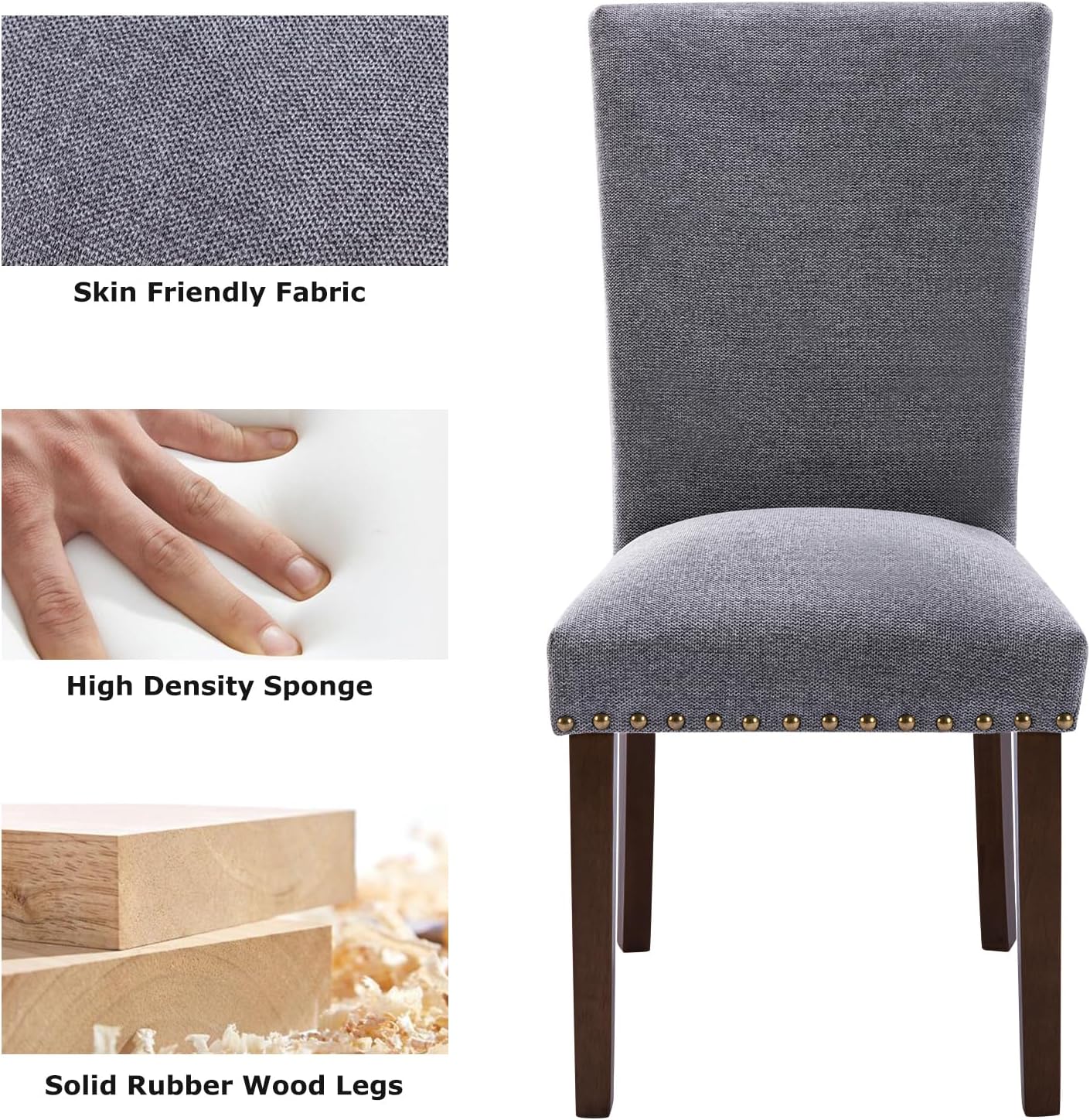 COLAMY Upholstered Parsons Dining Chairs Set of 4, Fabric Dining Room Kitchen Side Chair with Nailhead Trim and Wood Legs - Dark Grey
