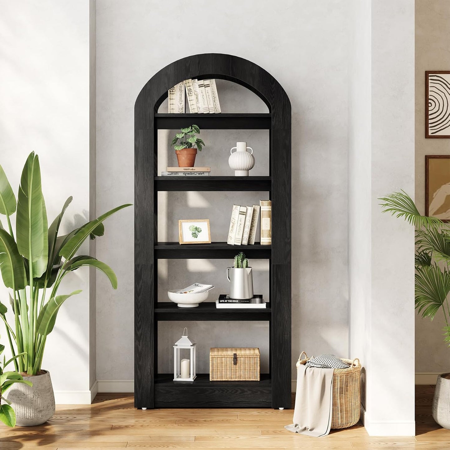 LITTLE TREE 5-Tier Bookshelf, Arch-Shaped Racks, Tall Standing Wooden Bookcase Display Shelf Modern Storage Solution (2, Black)