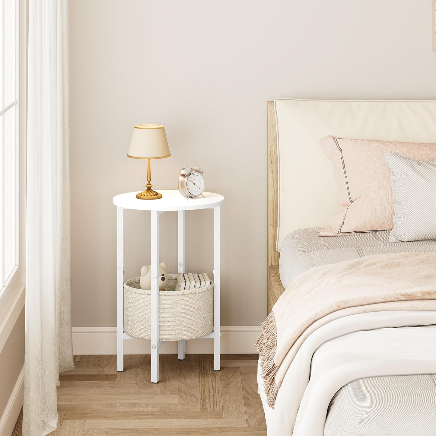 Vagusicc Round Side Table End Table with Storage Basket, Small Side Table Round Nightstand for Small Spaces, Tall Oval End Table with Steel Frame, Coffee Bedside Table for Living Room Bedroom, White