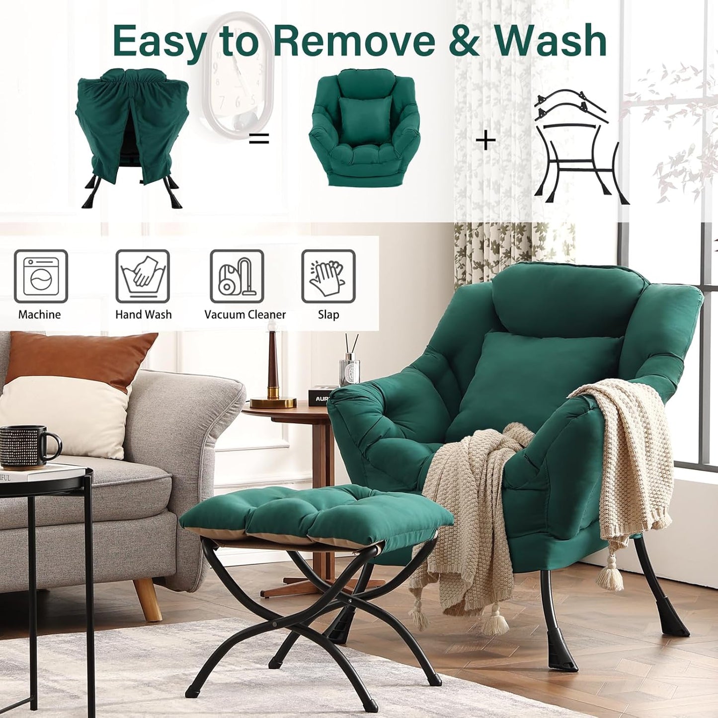 Lazy Chair with Ottoman, Modern Lounge Armchair with a Pillow, Leisure Sofa Armchair Set, Reading Chair with Footrest for Living Room, Bedroom, Office, Dorm Room, Peach Green