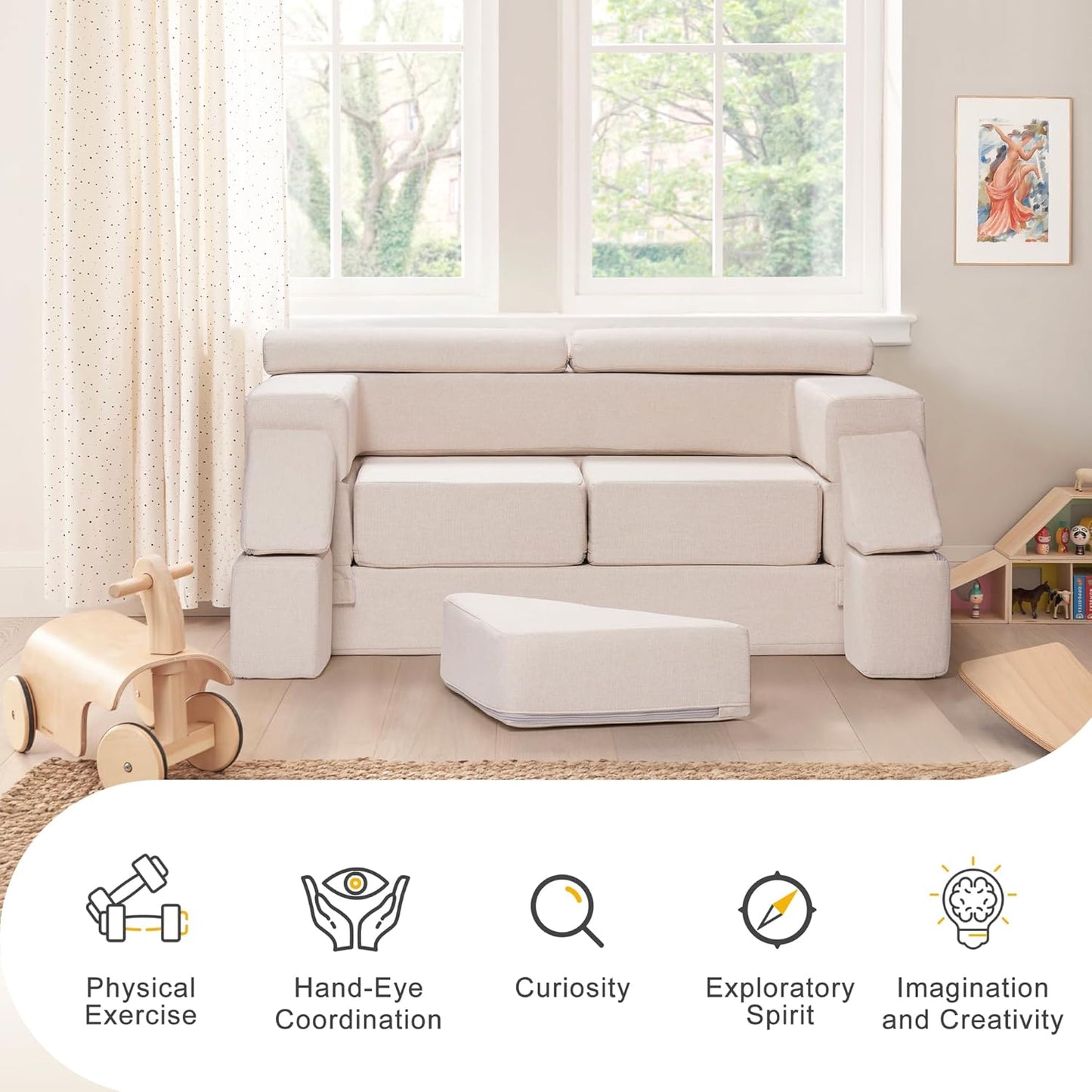 ROBOTIME Modular Play Couch for Kids, Convertible Toddler Sofa with Washable Covers, Versatile Foam Kids Couch for Playroom Forts, Lounging & Creative Play (for Ages 3+)