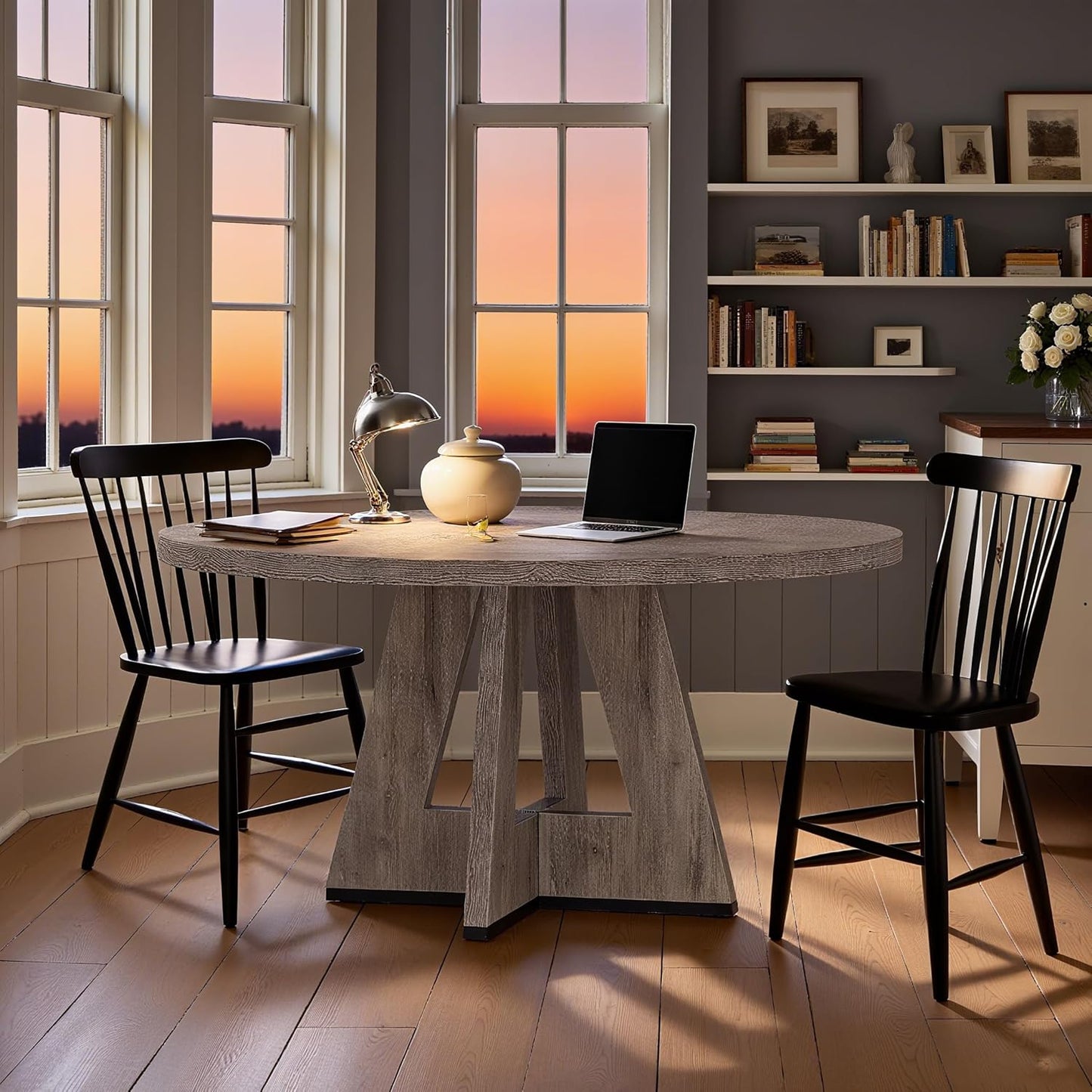 47" Round Dining Table for 4-6, Modern Dinner Table Farmhouse Round Small Kitchen Tables with Wooden Cross Base for Dining Room, Kitchen, Living Room, Gray