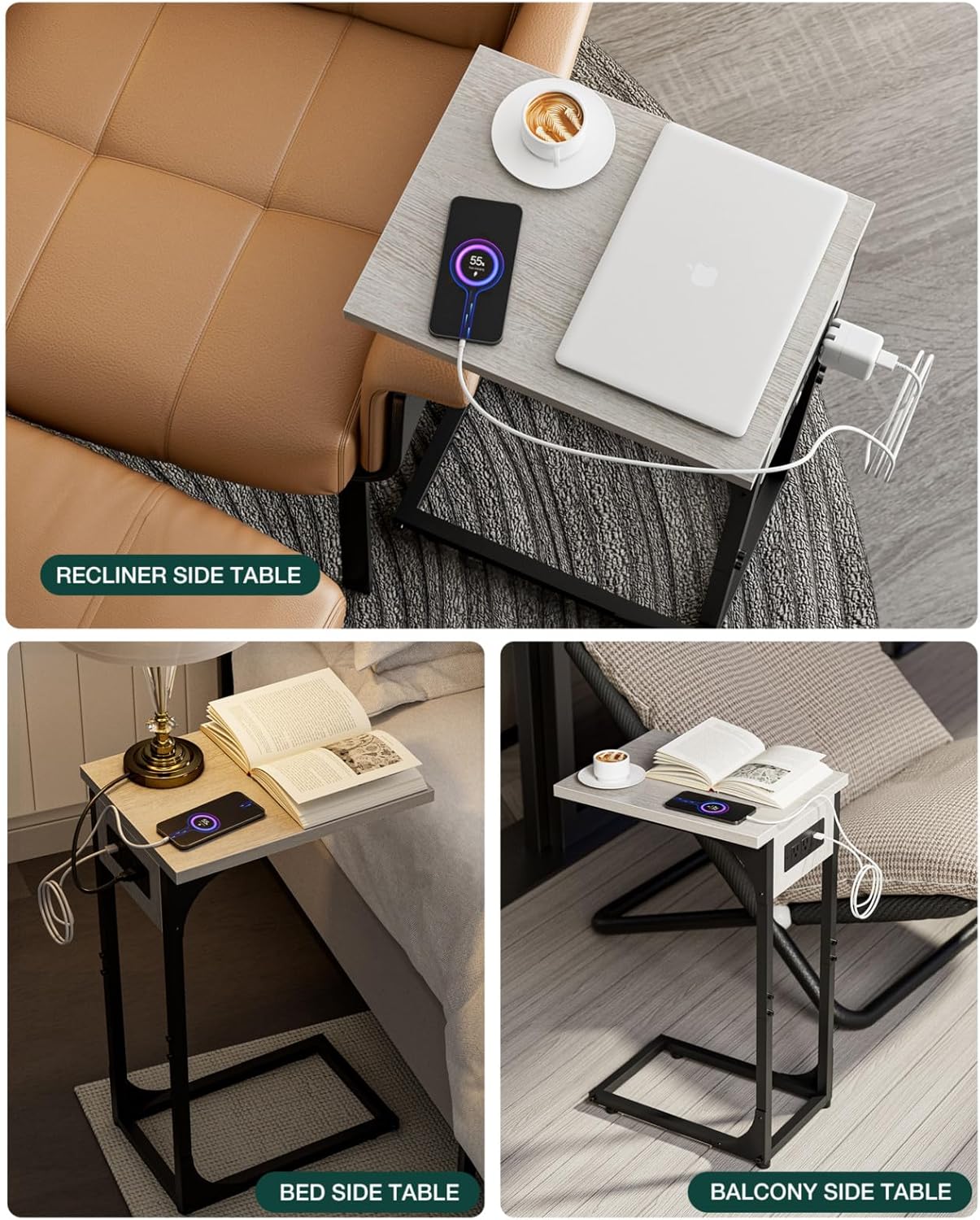 C-Shaped Side Table for Couch - Small Coffee Stand Sofa Tray Desk with Metal Frame Waterproof Scratch Resistant Wood Top and Built-in Charging Station, Greige