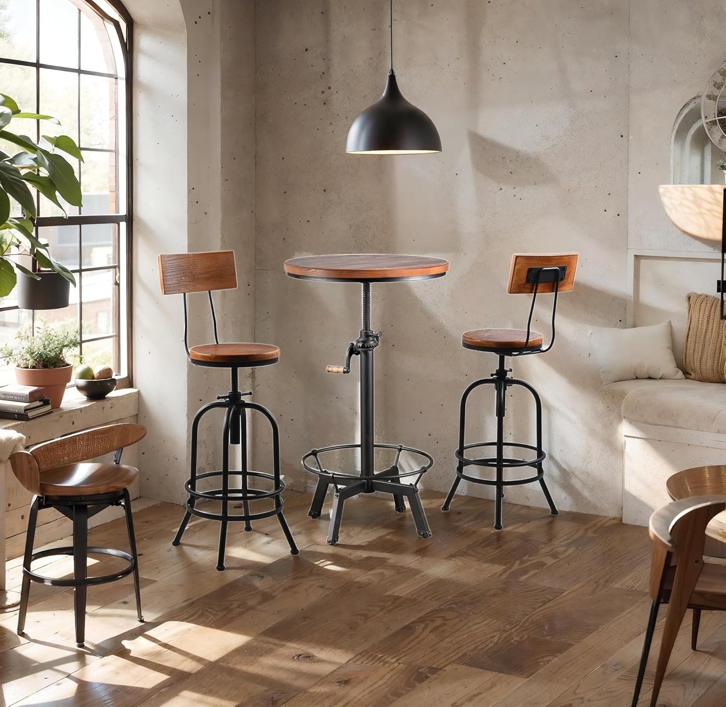 3-Piece Crank Handle Bar Table (33.5"-39.4") & 2 Backrests Stools (26"-32") Set for Pub Kitchen Dining Living Party Bistro Breakfast, Swivel Brown Top, Height Adjustable, Most Weld, Space-Saving