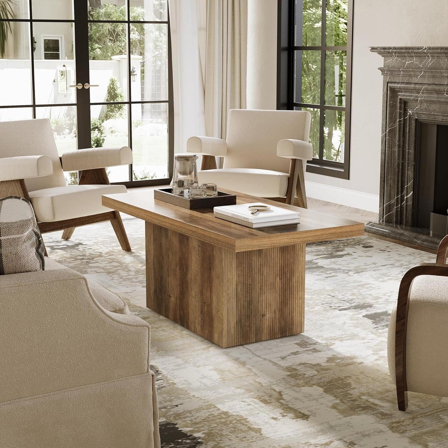 47-Inch Large Coffee Table with Pedestal, Living Room Center Table Rectangle Thickened Tabletop, Farmhouse Low Cocktail Tea Furniture for Living Room, Apartments, Rustic Brown