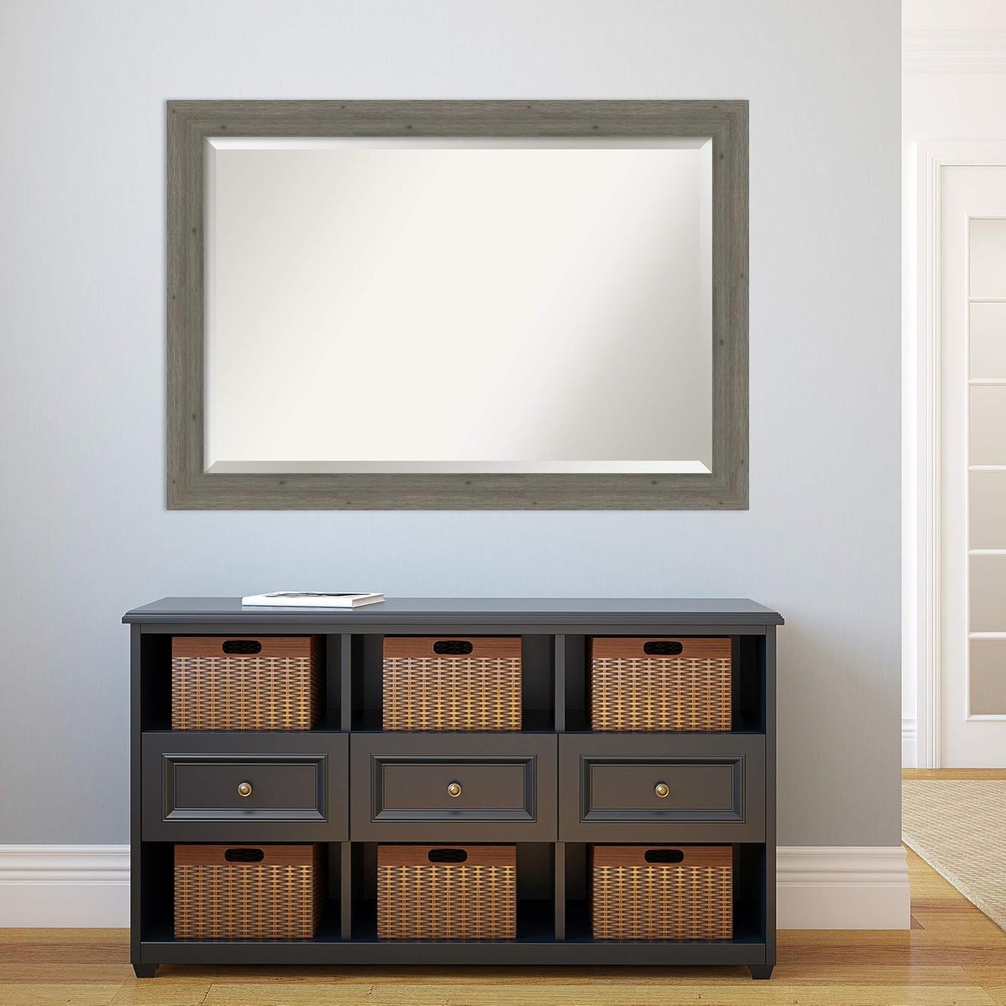 Amanti Art Grey Wall Mirror 29x41 Fencepost Grey Narrow Rectangle Bathroom Mirror for Wall Decor Living Room, Large Rustic Farmhouse Wood Frame, Hangs Horizonally and Vertically, Bathroom Decor