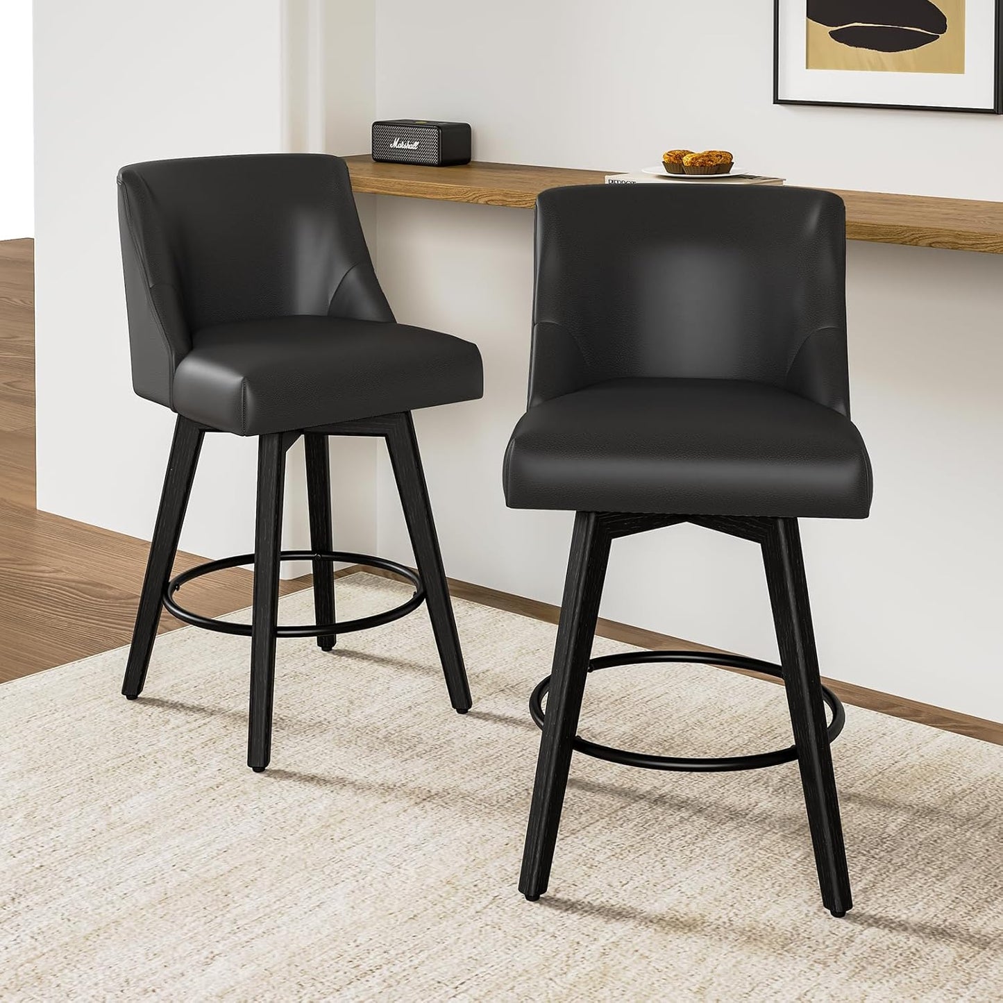 26.8 Inch Counter Height Bar Stools with Back, Swivel Bar Stools Set of 2, Modern Kitchen Barstools with Footrest, Faux Leather Upholstered Bar Chairs, Solid Wood Legs for Island, Pub, Black