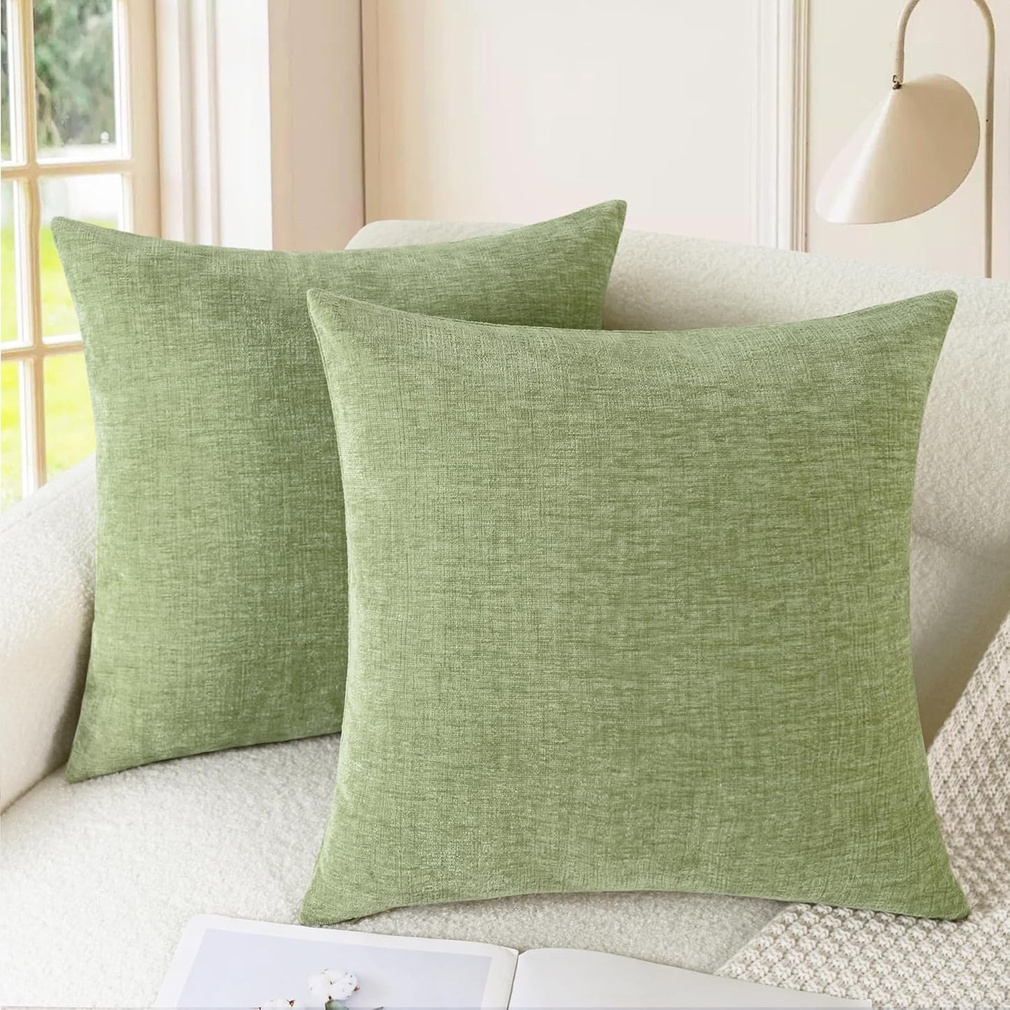 CaliTime Throw Pillow Covers Decorative 16 X 16 Inches Pack of 2 Cozy Chenille Cushion Case for Couch Sofa Bed Living Room Home Sage Green