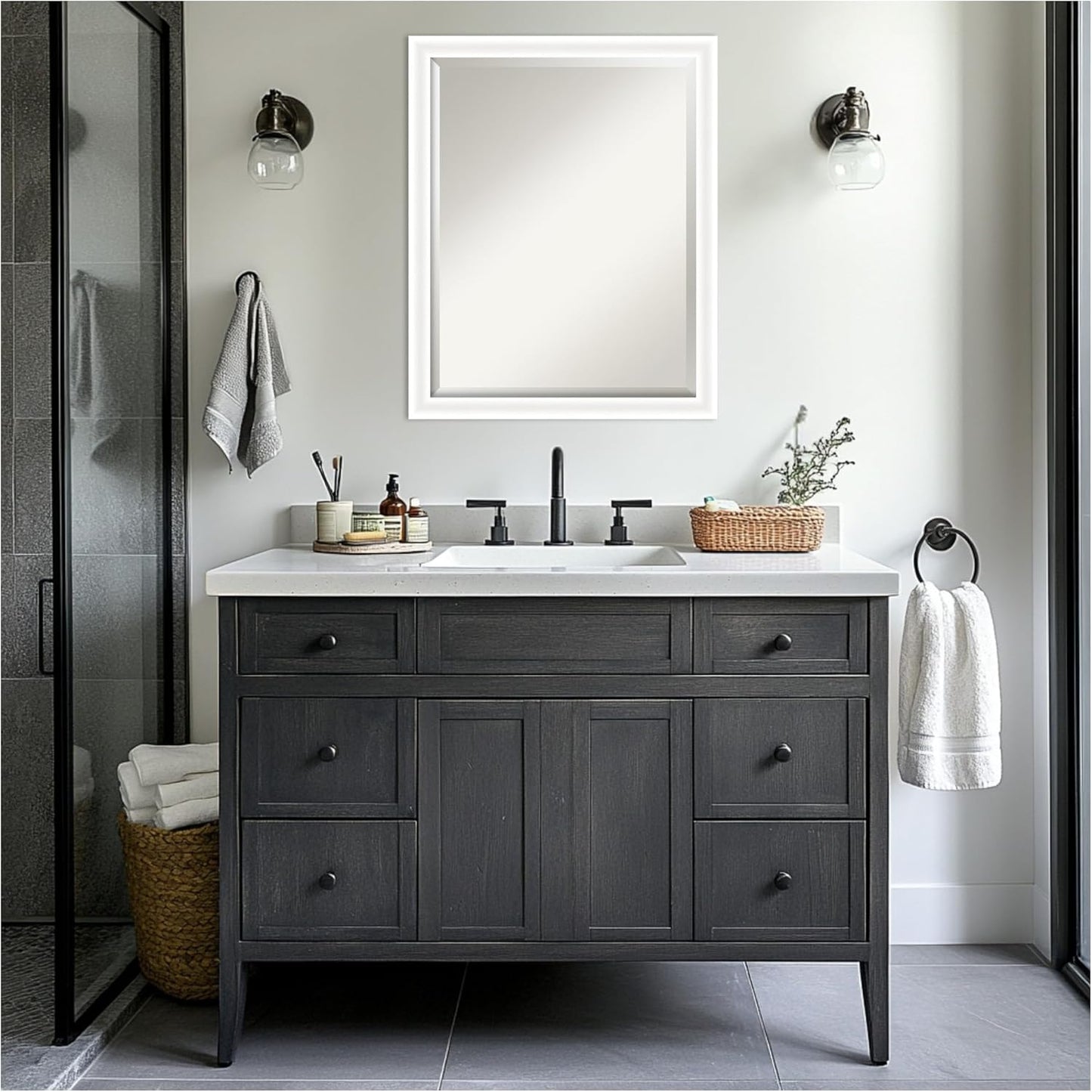 Amanti Art White Bathroom Mirror for Over Sink, 25x31 Oliver White Narrow Rectangle Vanity Mirror, Large Modern Wood Frame, Hangs Horizonally and Vertically, Bathroom Wall Decor, Beveled Edge