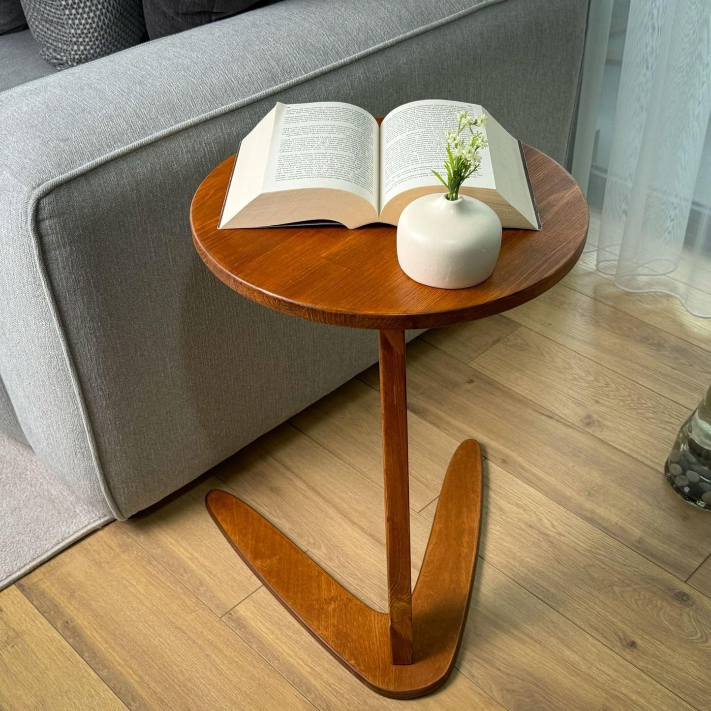 C-Shaped Handmade Solid Wood End Table, Side Table for Couches, Sofa Tables Slide Under Couch for Living Room, Over Couch TV Tray Table for Small Spaces (Medium, Chestnut)