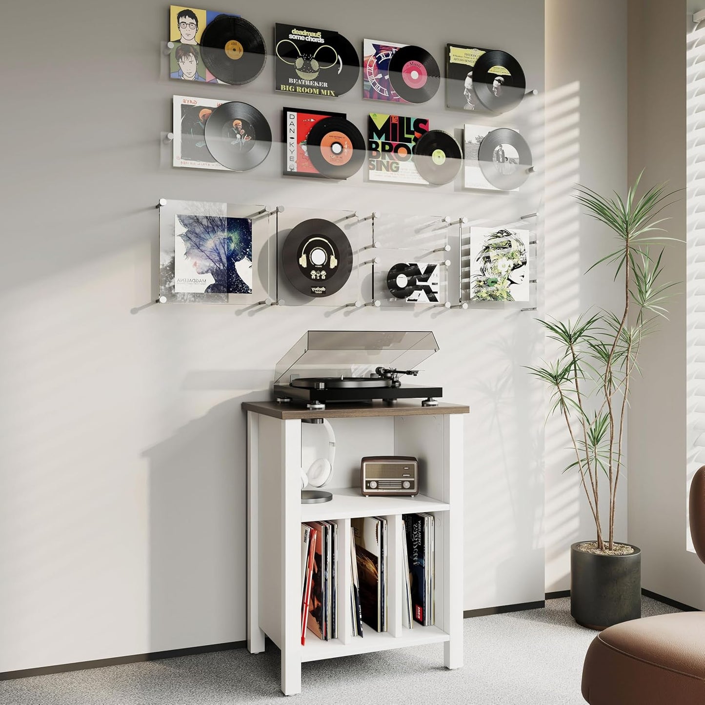 LIDYUK Record Player Stand, Vinyl Record Storage Table End Table with Display Shelf Holds up to 130 Albums, Large Nightstand Wood Turntable Stand Cabinet Side Table for Living Room, Bedroom, White