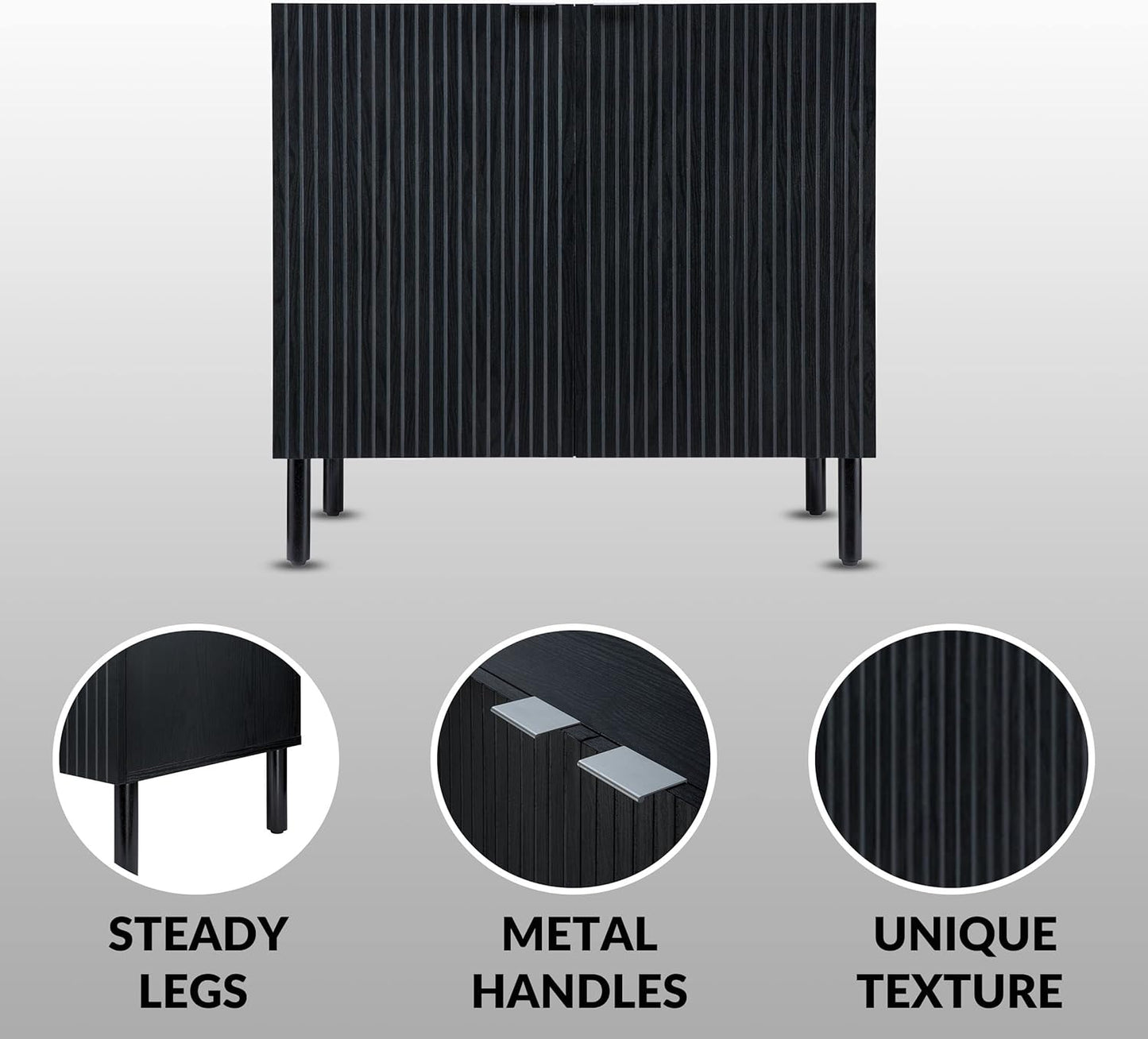 Sango Merk 2-Door Cabinet, Modern Black Storage Cabinet with Vertical Groove Doors, Adjustable Shelf, Cylindrical Wood Legs, Discreet Metal Finger Pulls, Stylish Furniture for Living or Dining Room