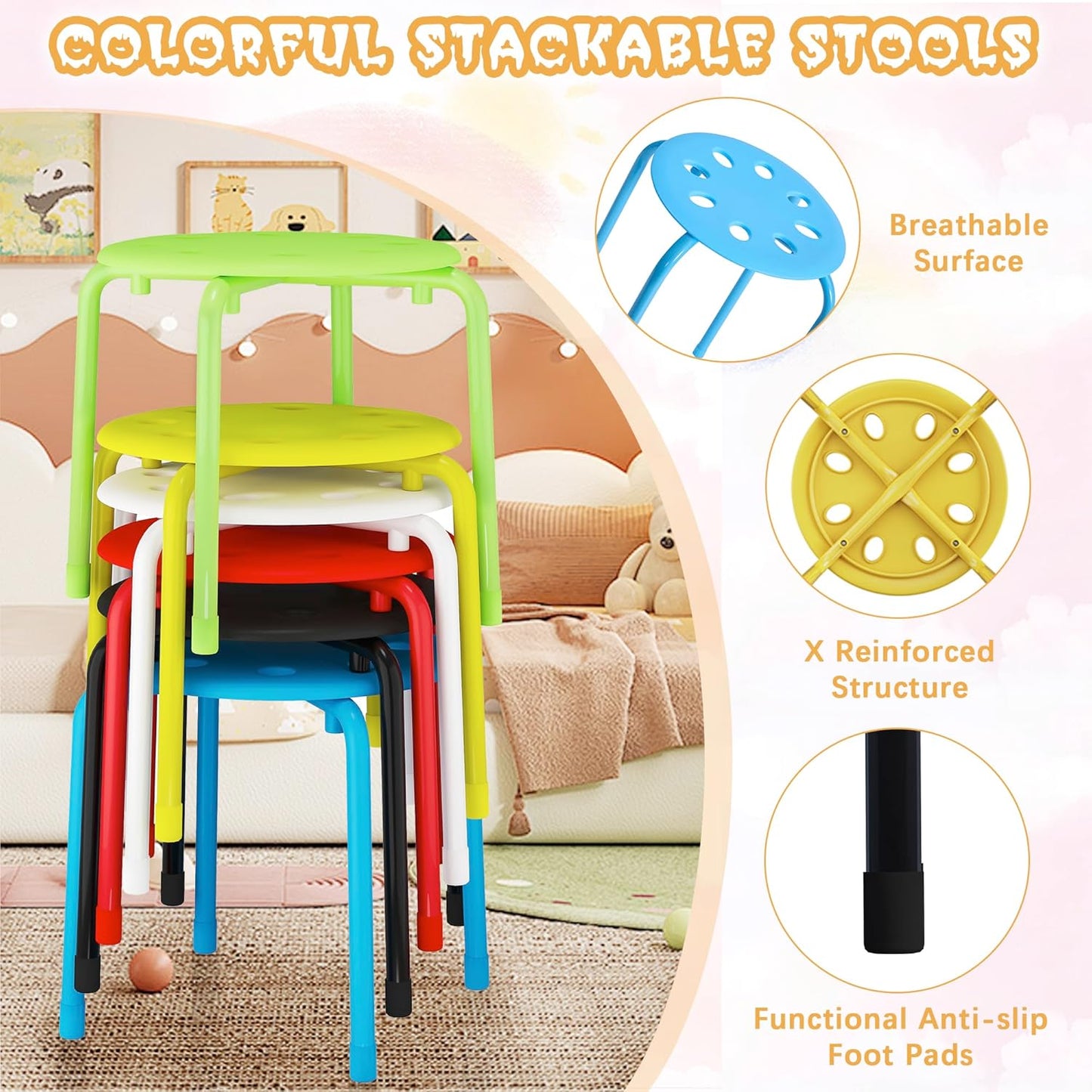 VECELO Stackable Stools for Classroom, 12" Height Plastic Portable Stacking Stool Chairs with Non-Slip Foot Mats for School Daycare Kindergarten Living Room (6 Pack)