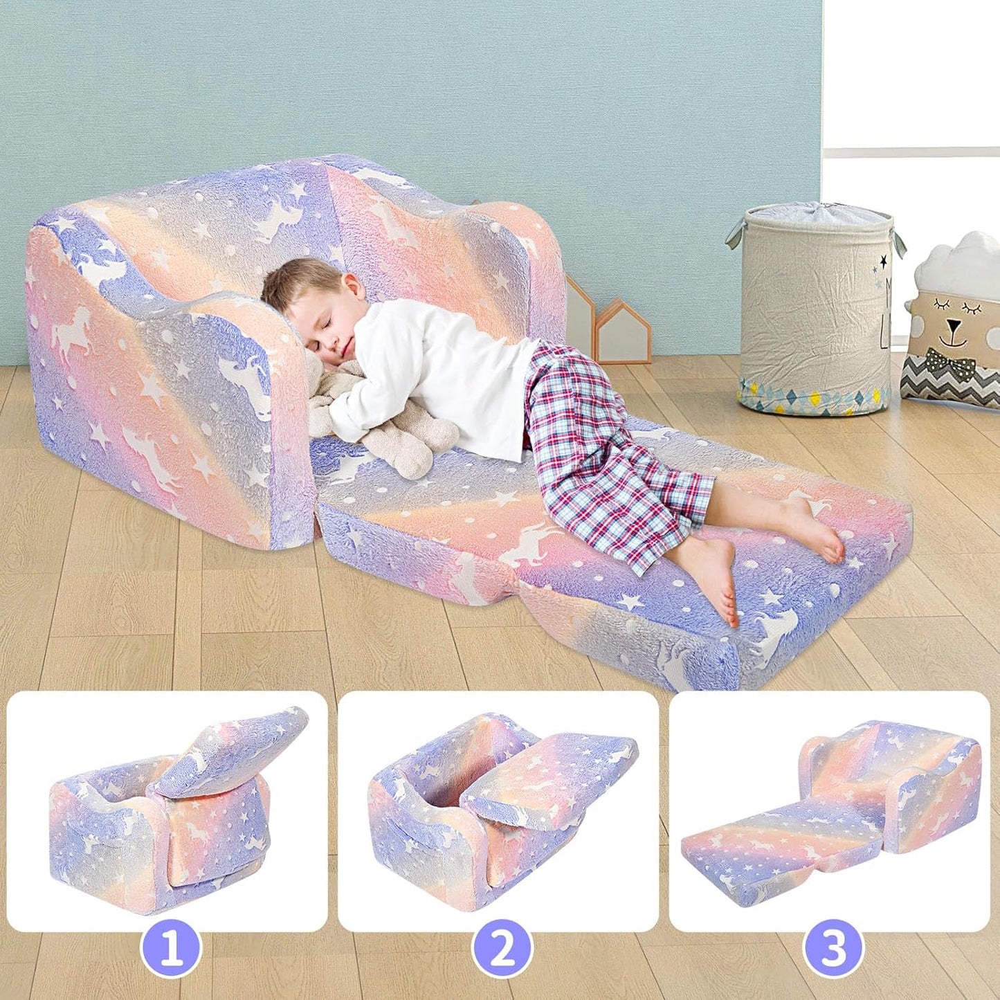 Kids Couch for Toddlers, 2-in-1 Kids Sofa Chair Glow in The Dark, Comfy Soft Foldable Toddler Couch Chair for Girls and Boys