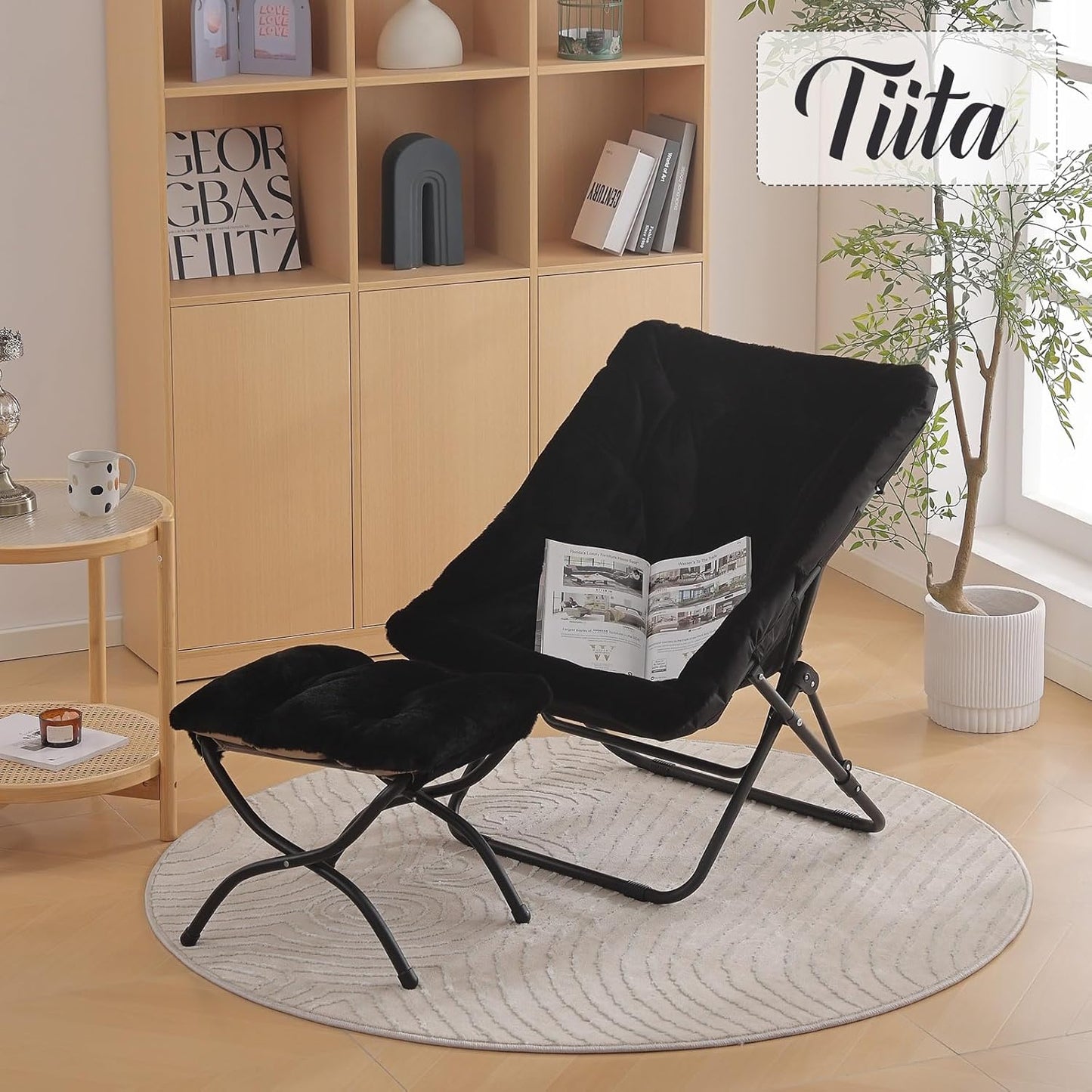 Tiita Folded Chair with Ottoman, Soft Faux Fur Oversized Folding Accent Chair,Lounge Lazy Chair, Metal Frame Moon Chair for Bedroom, Living Room, Dorm Rooms, Garden and Courtyard