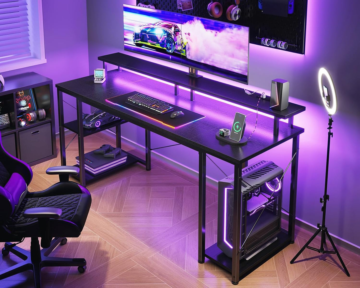 ODK 63 Inches Gaming Desk with LED Lights, Computer Desk with Monitor Stand, Pc Table with CPU Stand, Black