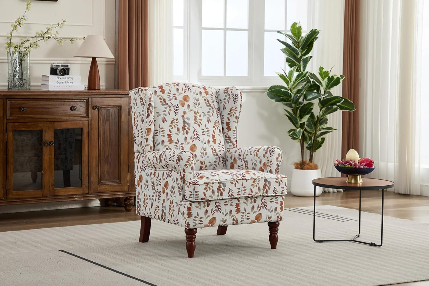 Ball & Cast Modern Accent Chair,Comfy Upholstered Armchair with Retro Wood Legs,Floral Design Single Sofa Chair,Living Room Furniture for Apartment,Bedroom,Office,Linen Fabric,Floral Yellow
