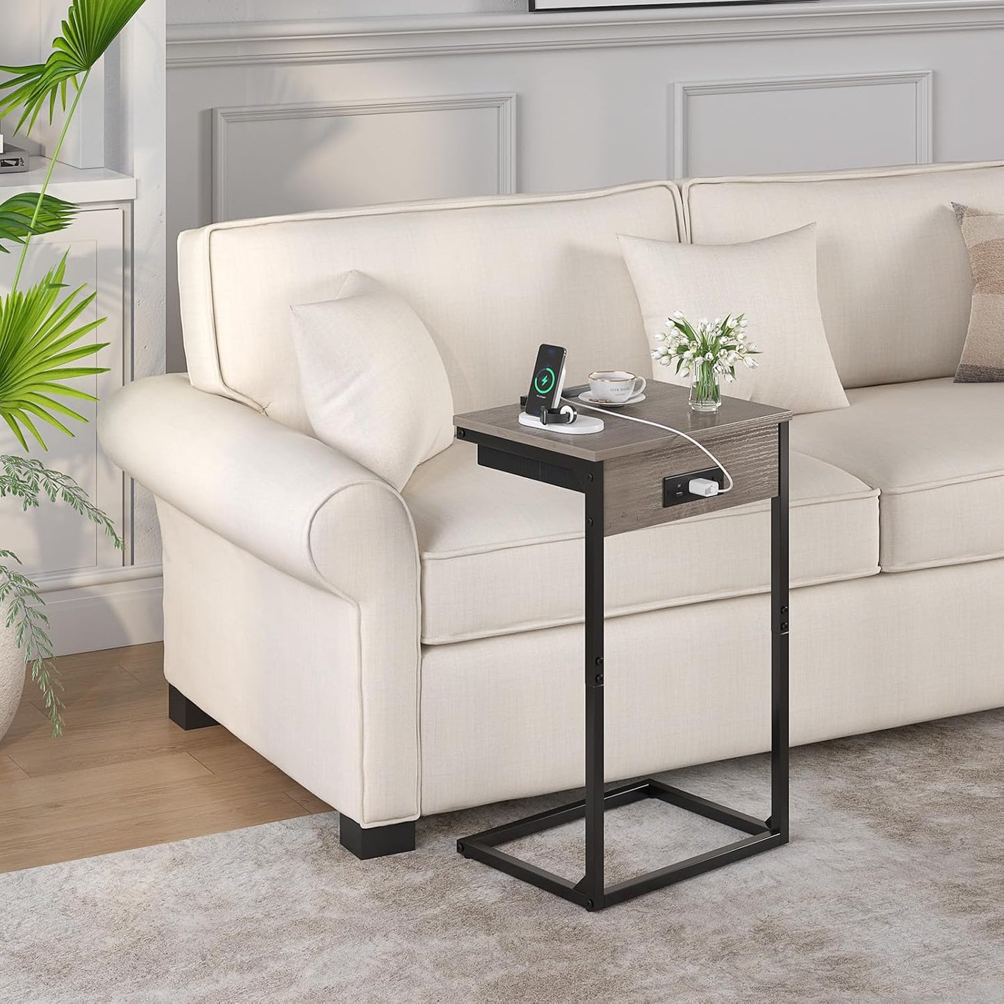 C Shaped End Tables with Charging Station, 45° Tiltable Adjustable Flip Top Side Table with Storage,Small C Table for Small Spaces,Slide Under Couch Sofa Bedside Tables for Living Room, Grey