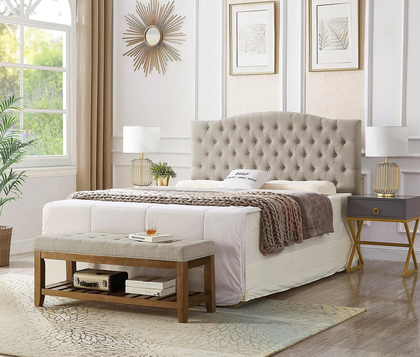 24KF Large Rectangular Upholstered Tufted Linen Fabric Ottoman Bench, Padded Bench with Solid Wood Shelf-Linen