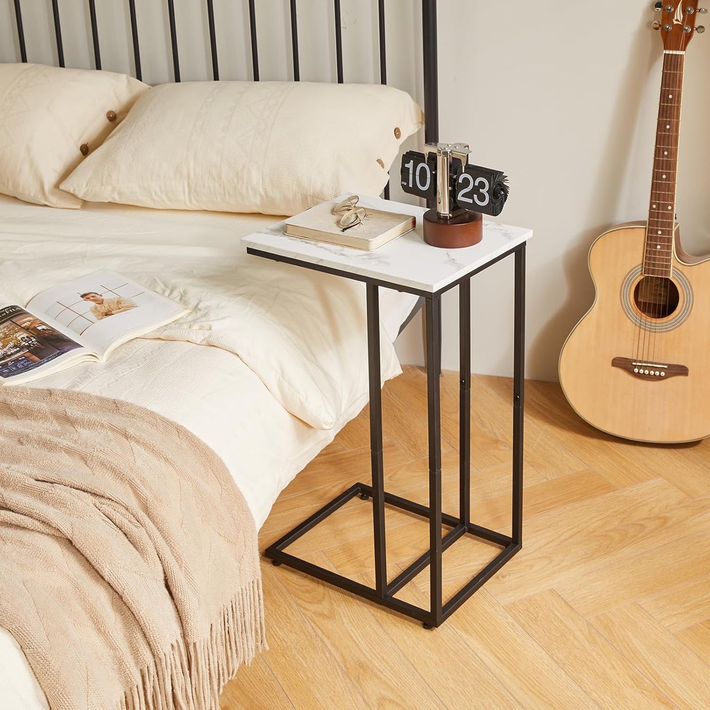 Side Table Small End Table C Shaped, Slide Under Laptop Desk for Couch, Living Room Side Table, TV Trays for Eating on Couch, Faux Marble+Black YD-TM051B