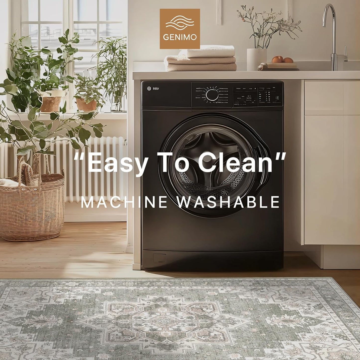 GENIMO 9x12 Area Rugs for Living Room, Non Slip Machine Washable Vintage Rugs, Low Pile Lightweight Chenille Print Large Rug for Bedroom, Dining Room, Home Office, Moonlight