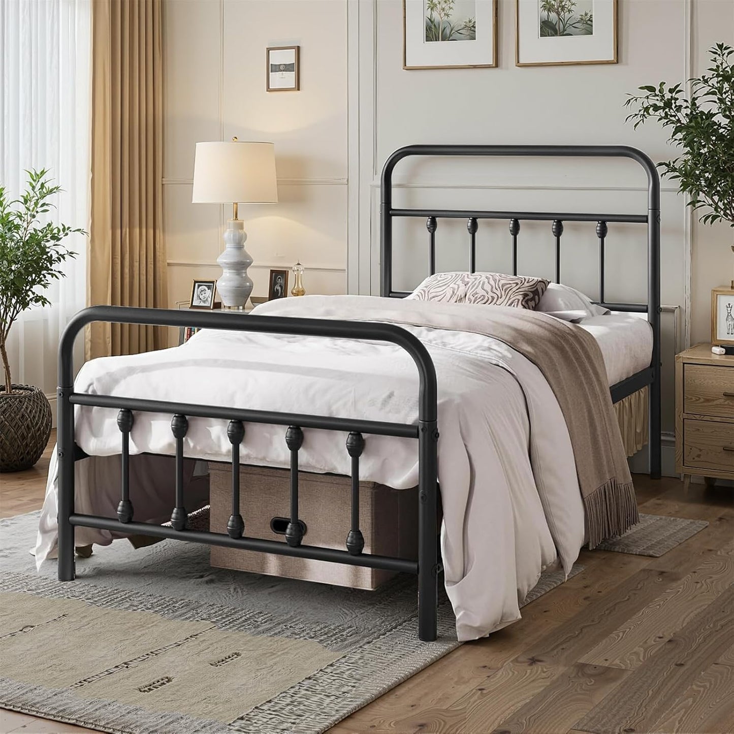 Twin Bed Frame-Classic Metal Platform Bed Frame Mattress Foundation with Victorian Style Iron-Art Headboard/Footboard/Storage Space/No Box Spring Needed/Black