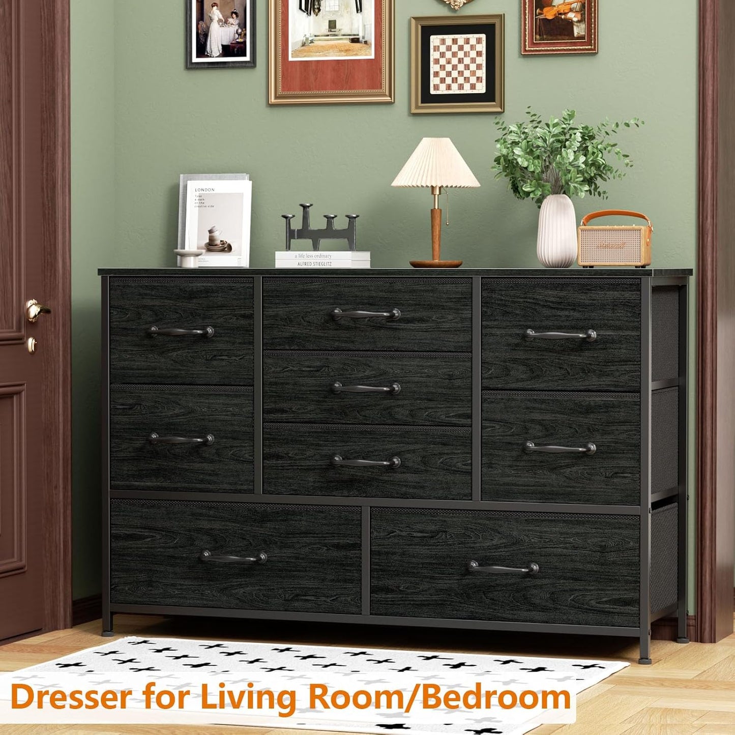 Furnulem Dresser for Bedroom with 9 Large Drawers for 55'' Long Chest TV Stand Entertainment Center, Wood Shelf Storage for Living Room, Dorm, Closet, Entryway, Sturdy Metal Frame(Black Oak)