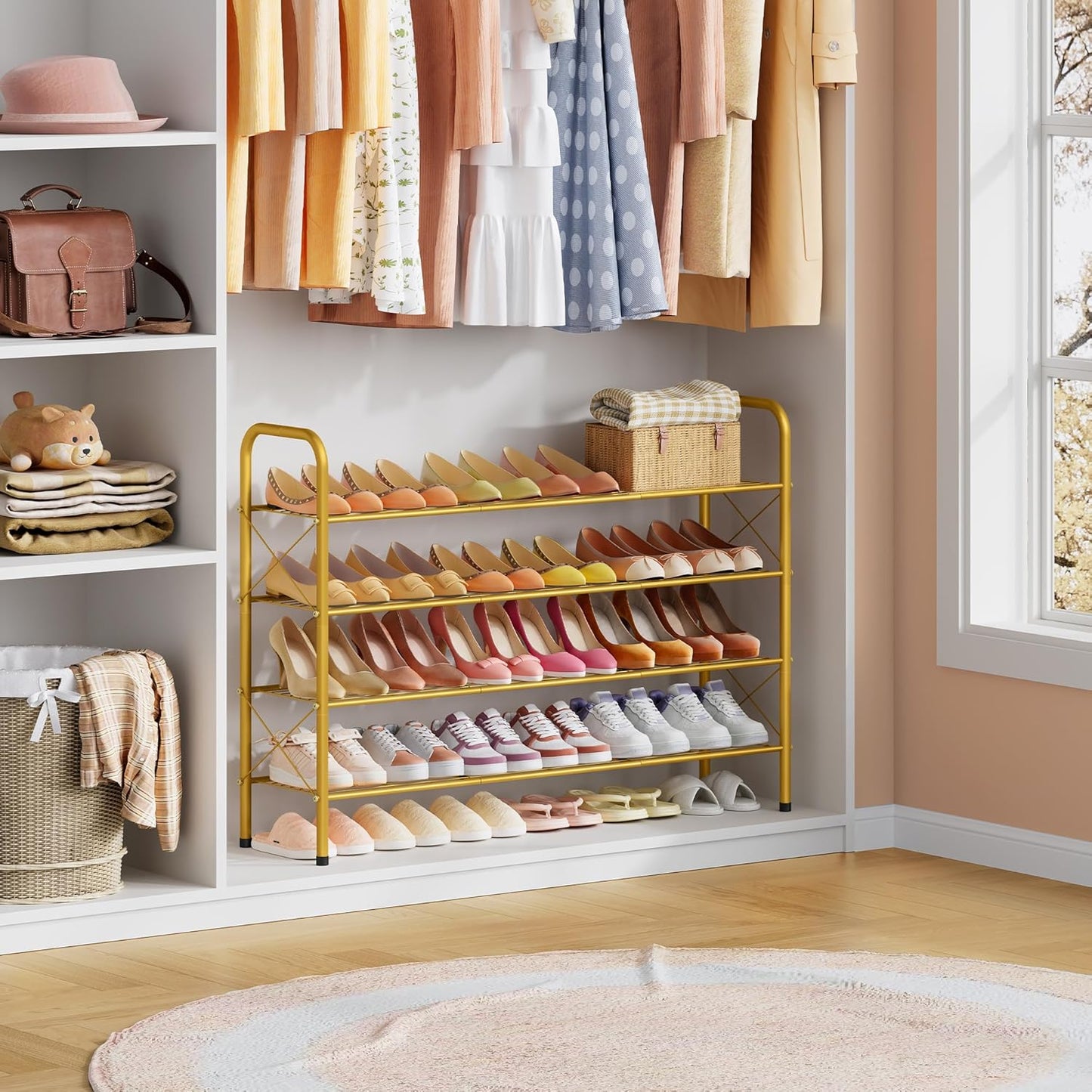 Hoctieon 4 Tier Mesh Style Shoe Rack, Entryway Shoe Shelf, Shoe Storage Organizer, Shoe Rack for Closet, Space Save for Bathroom, Garage, Hallway, Bedroom, Living Room, Gold