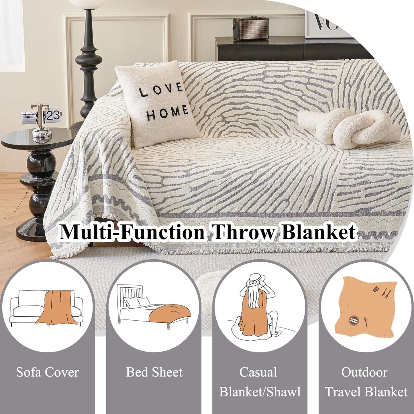 STACYPIK Modern Gray Geometric Sofa Cover, Anti-Slip Reversible Boho Dog Couch Cover, Washable Silpcover Protector for 2 Cushion Couch, Durable Loveseat Cover for Sectional, Multi-use Blanket-71X118IN