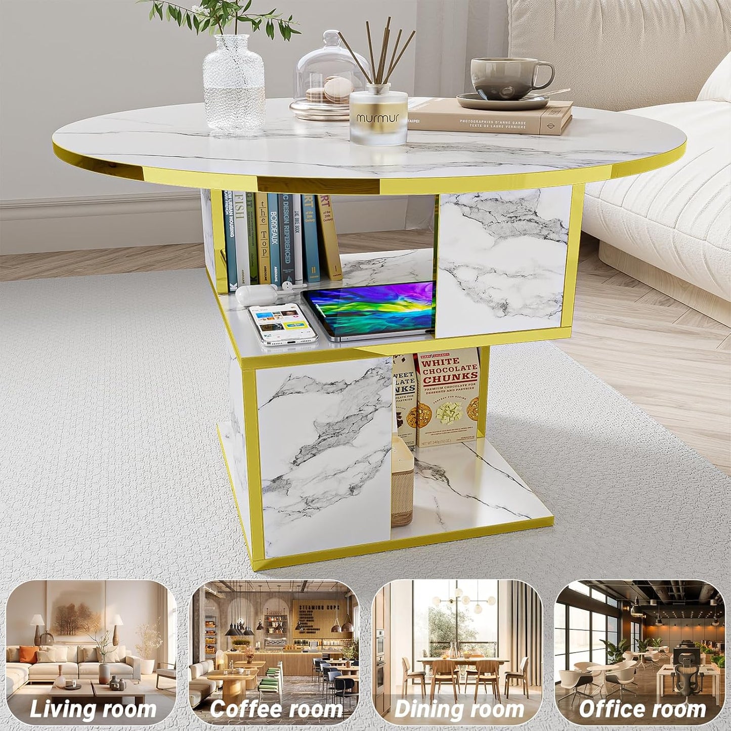 Elephance Round Coffee Table with Storage,3-Tier Coffee Table for Living Room,Wooden Tabletop-Marble White with Gold Frame